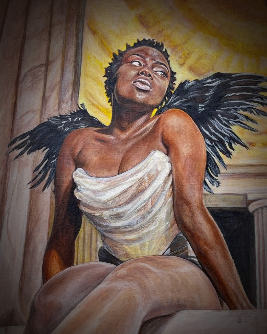 oil painting of a angel worman sitting in golden rays of light by heather gold
