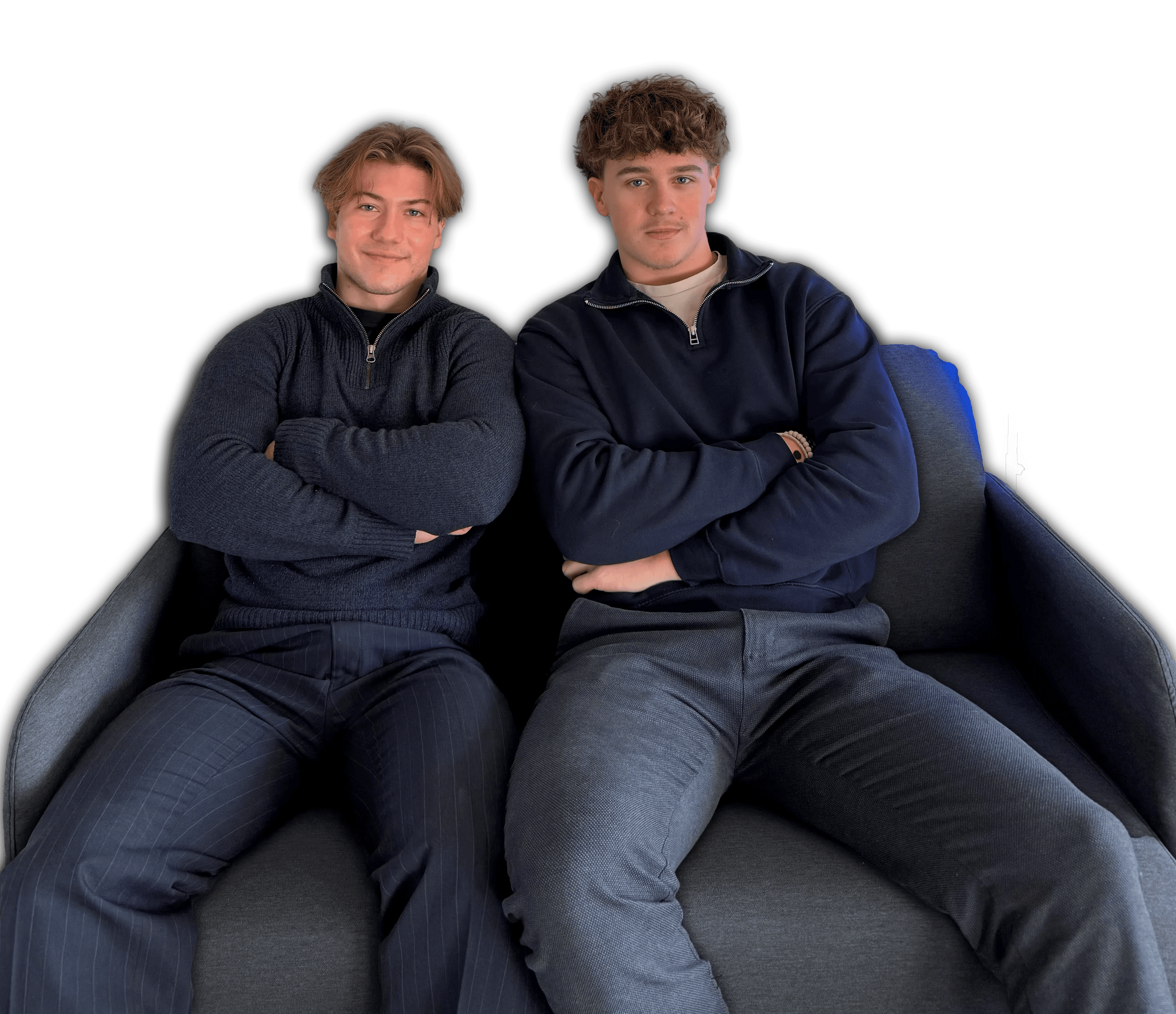 Happy woman in a green sweater holding a phone and looking up