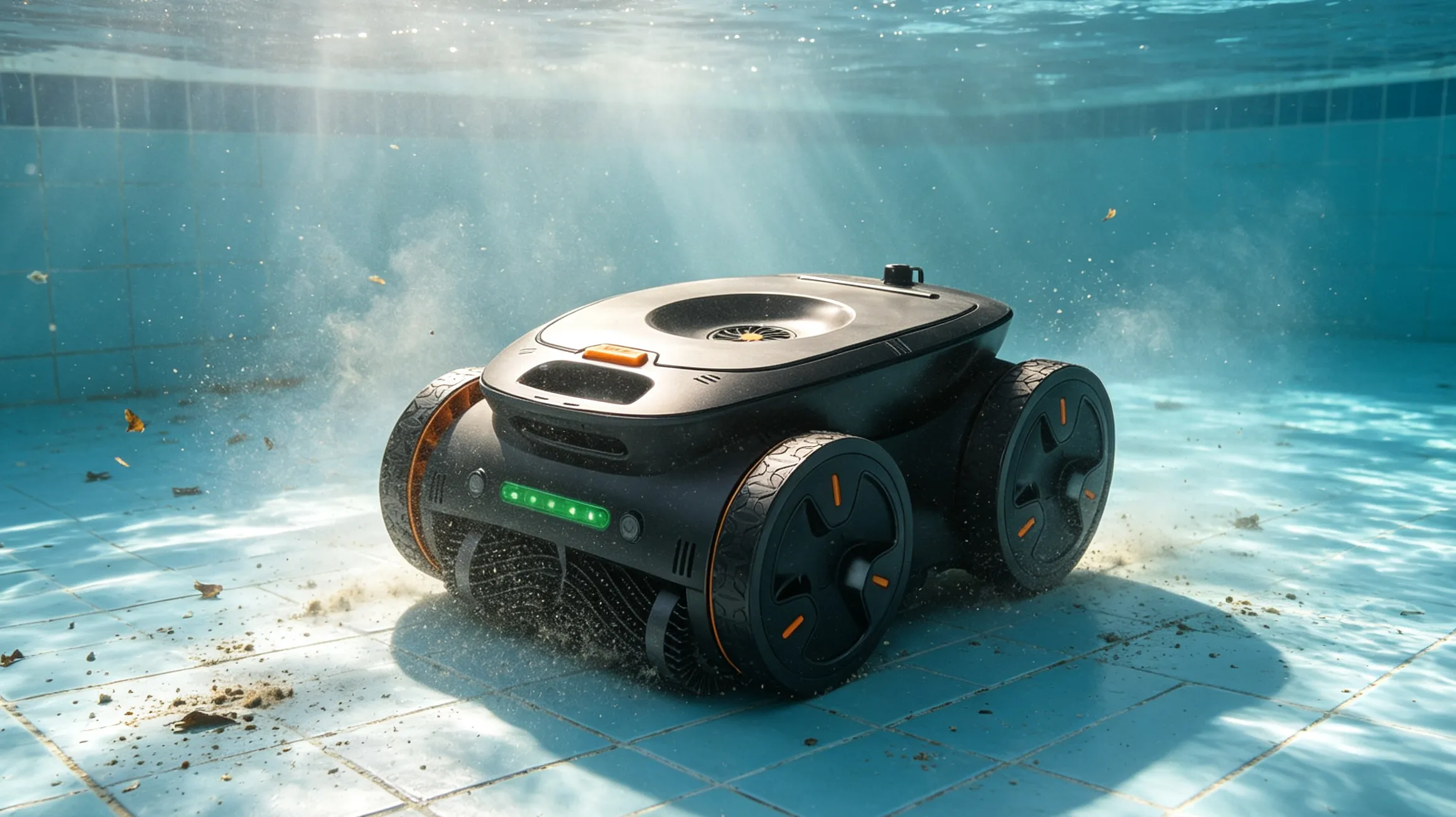 Robotic pool cleaner operating underwater during a normal cleaning cycle