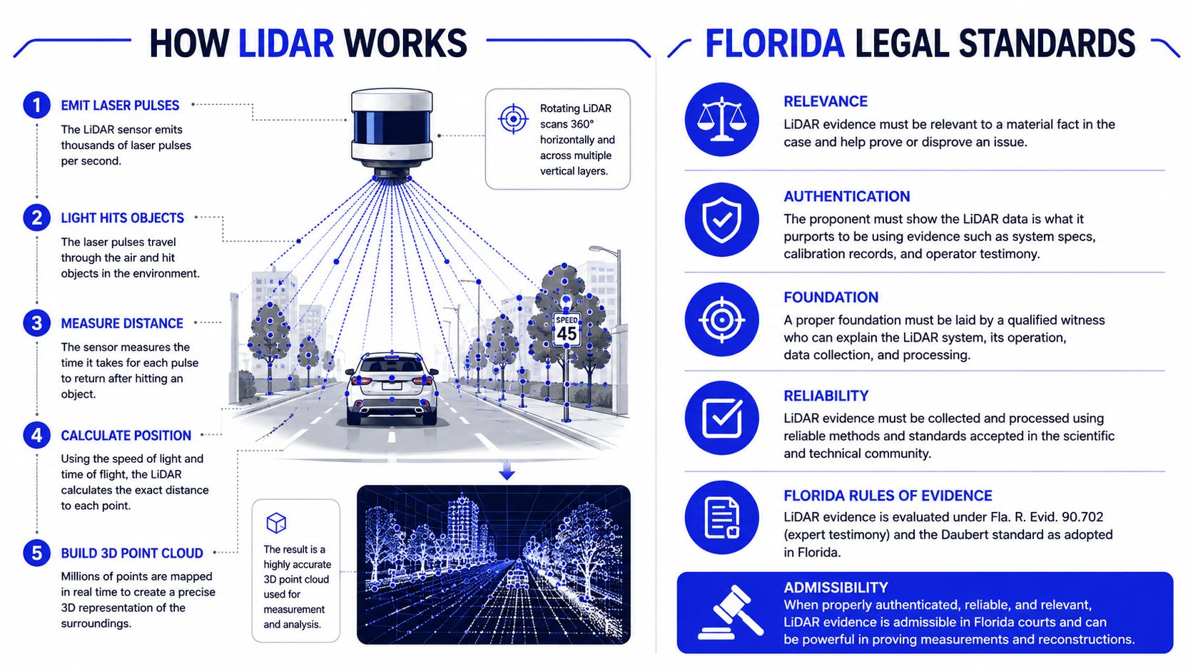 An infographic explaining how LiDAR technology works and its legal admissibility standards within Florida court cases.