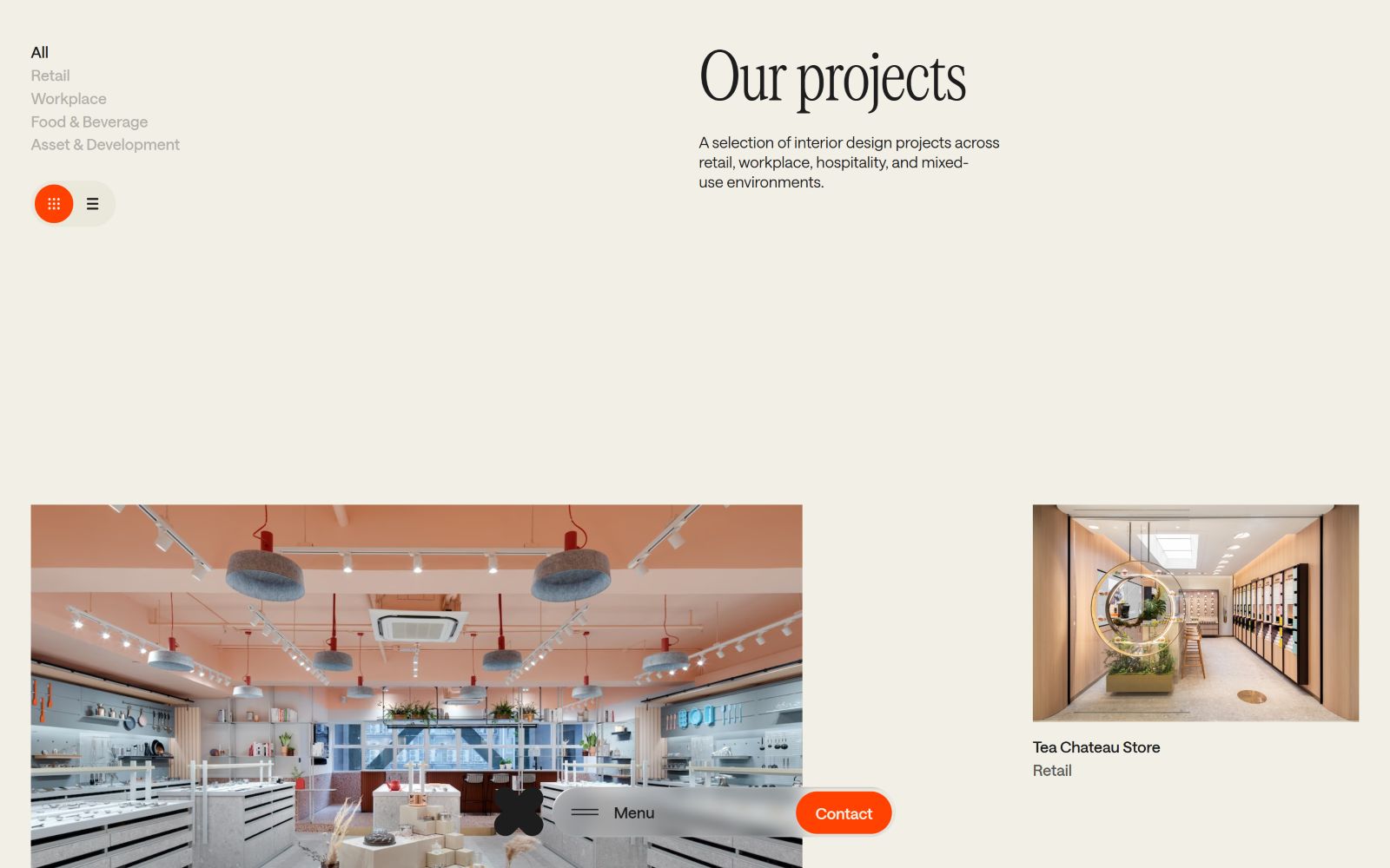 Spacious interior with modern lighting and seating, featuring a retail design project. Text: "Our projects," "Tea Chateau Store," "Retail.