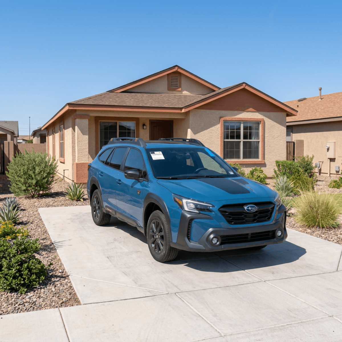 Blue Subaru WRX hatchback sporting a perfect new windshield outside a Glendale, AZ suburban home