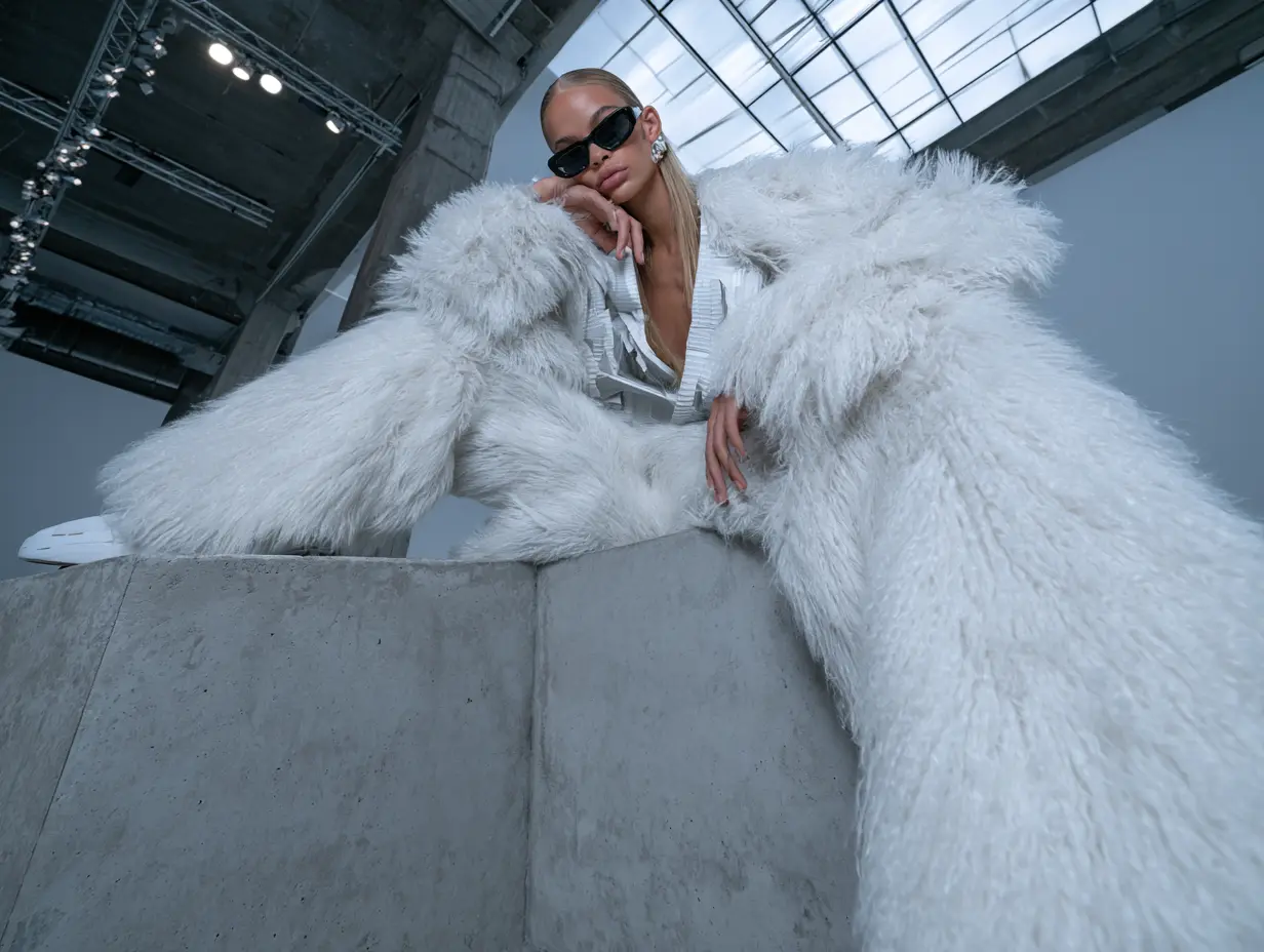 Model in black sunglasses and a dramatic white shaggy faux-fur coat reclining on a concrete plinth in an industrial studio, premium lifestyle fashion
