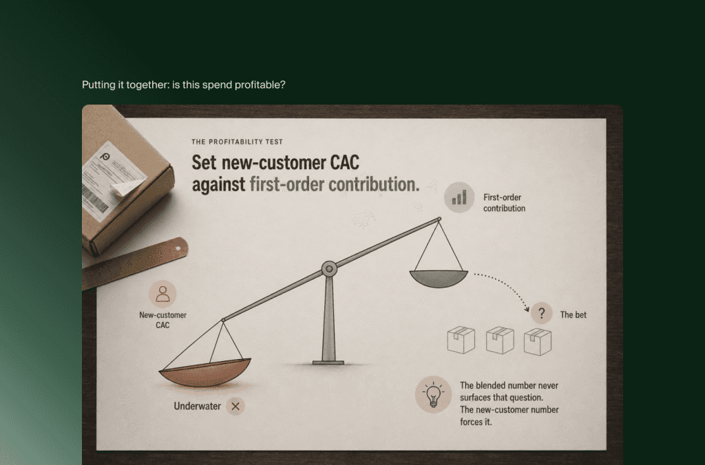 Waage stellt Neukunden-CAC dem Deckungsbeitrag der Erstbestellung gegenüber, um die Rentabilität der Werbung zu prüfen