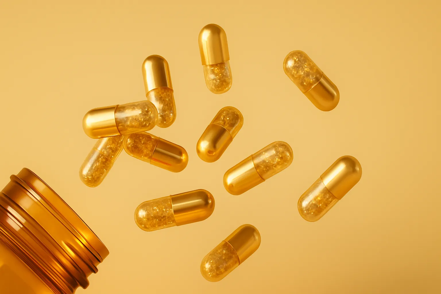 Golden Acetyl-L-Carnitine (ALCAR) capsules spilling from an amber bottle on a warm yellow background