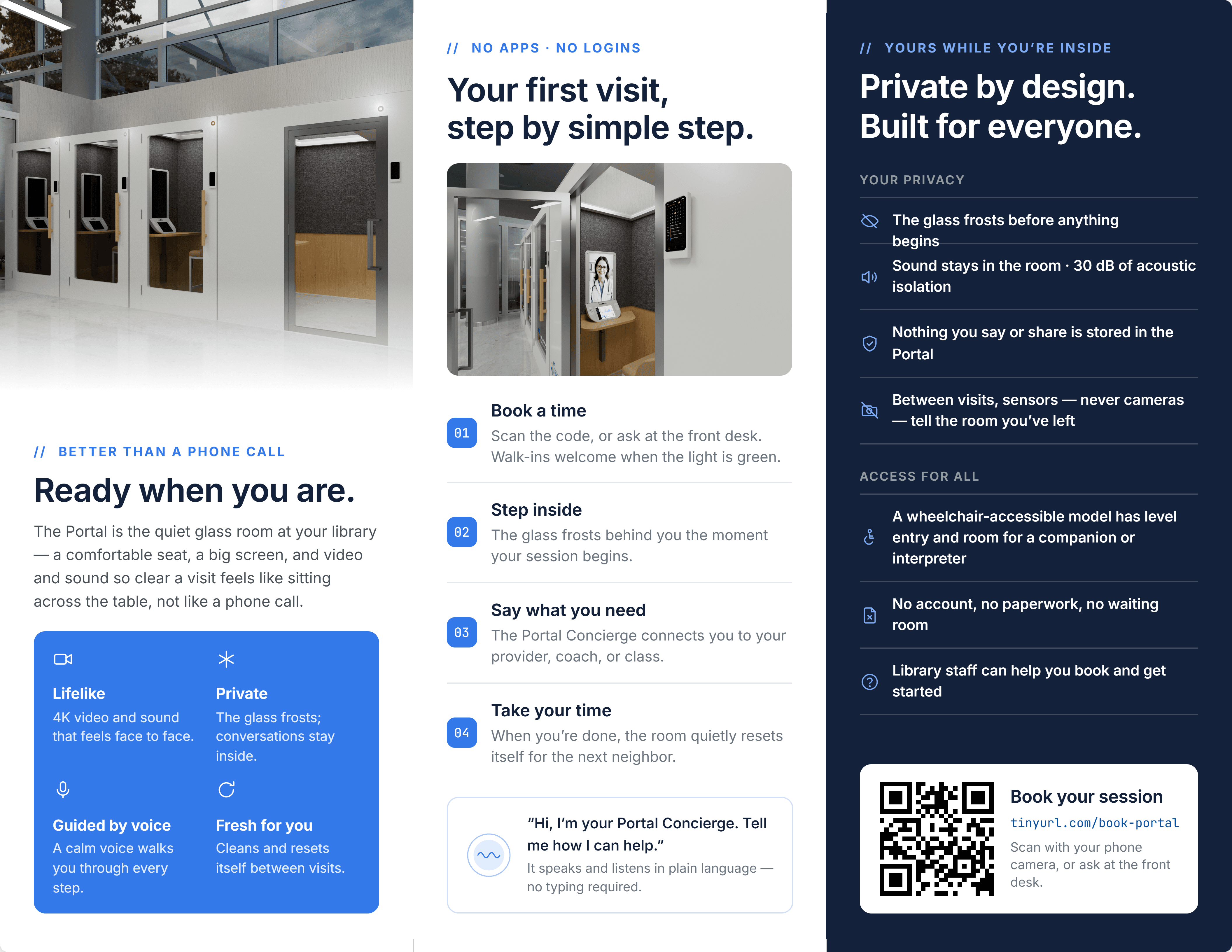 Ready-branded educational Portal trifold inside spread explaining the first visit, privacy, and accessibility