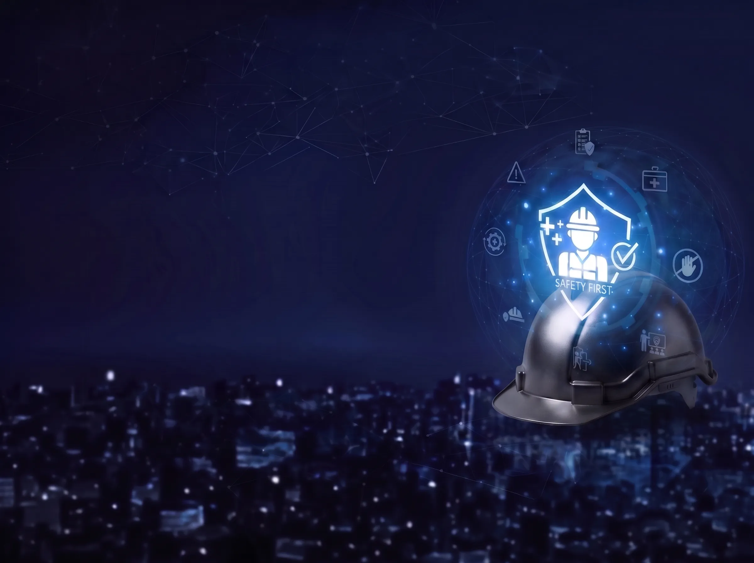 도시 야경 위에 안전모와 SAFETY FIRST 홀로그램이 떠 있는 AI 안전관리 솔루션 플랜투두 대표 이미지