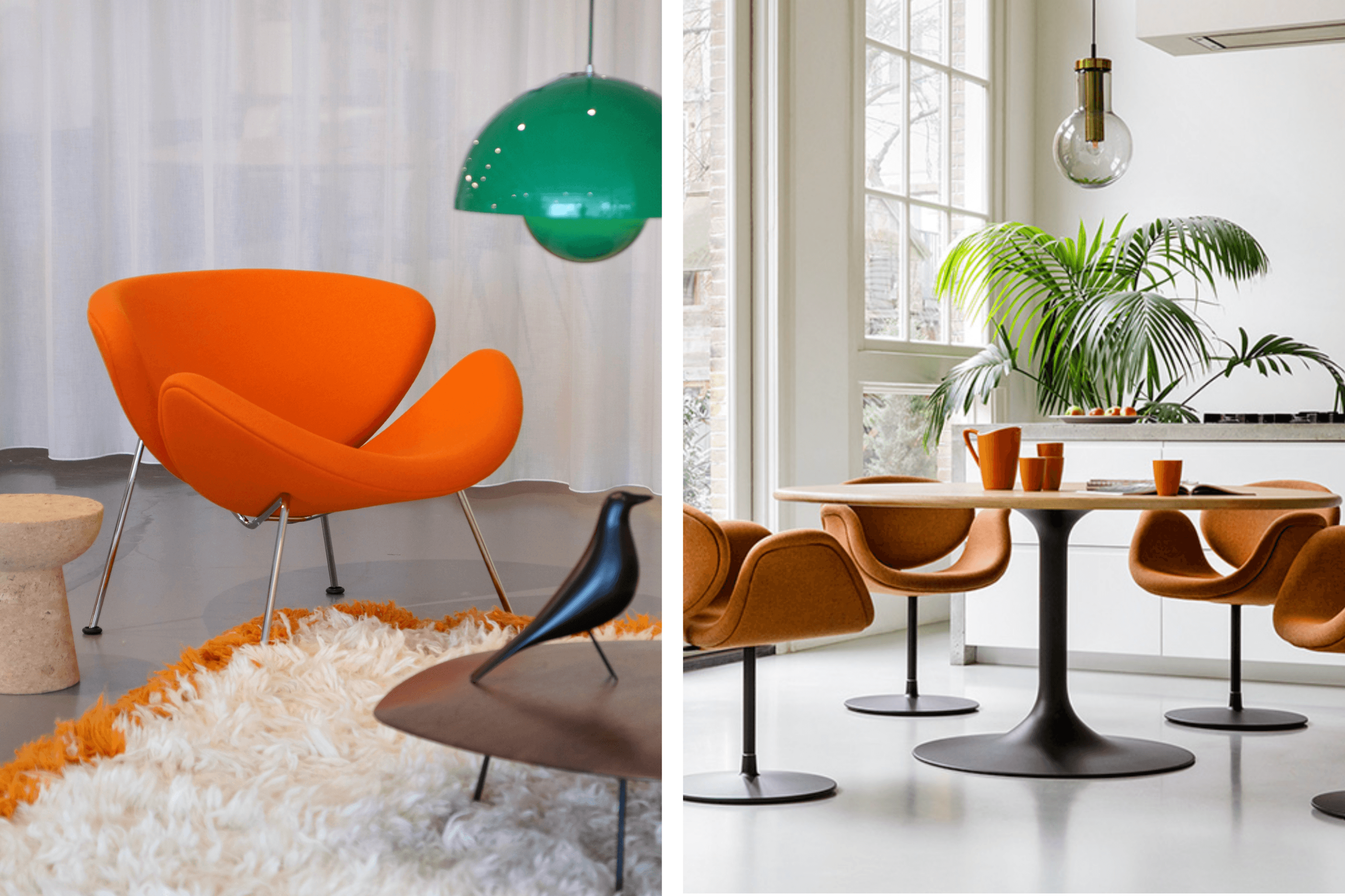 de Artifort Orange Slice van Pierre Paulin. Rechts: de Artifort Little Tulip eetkamerstoel van Pierre Pauling.