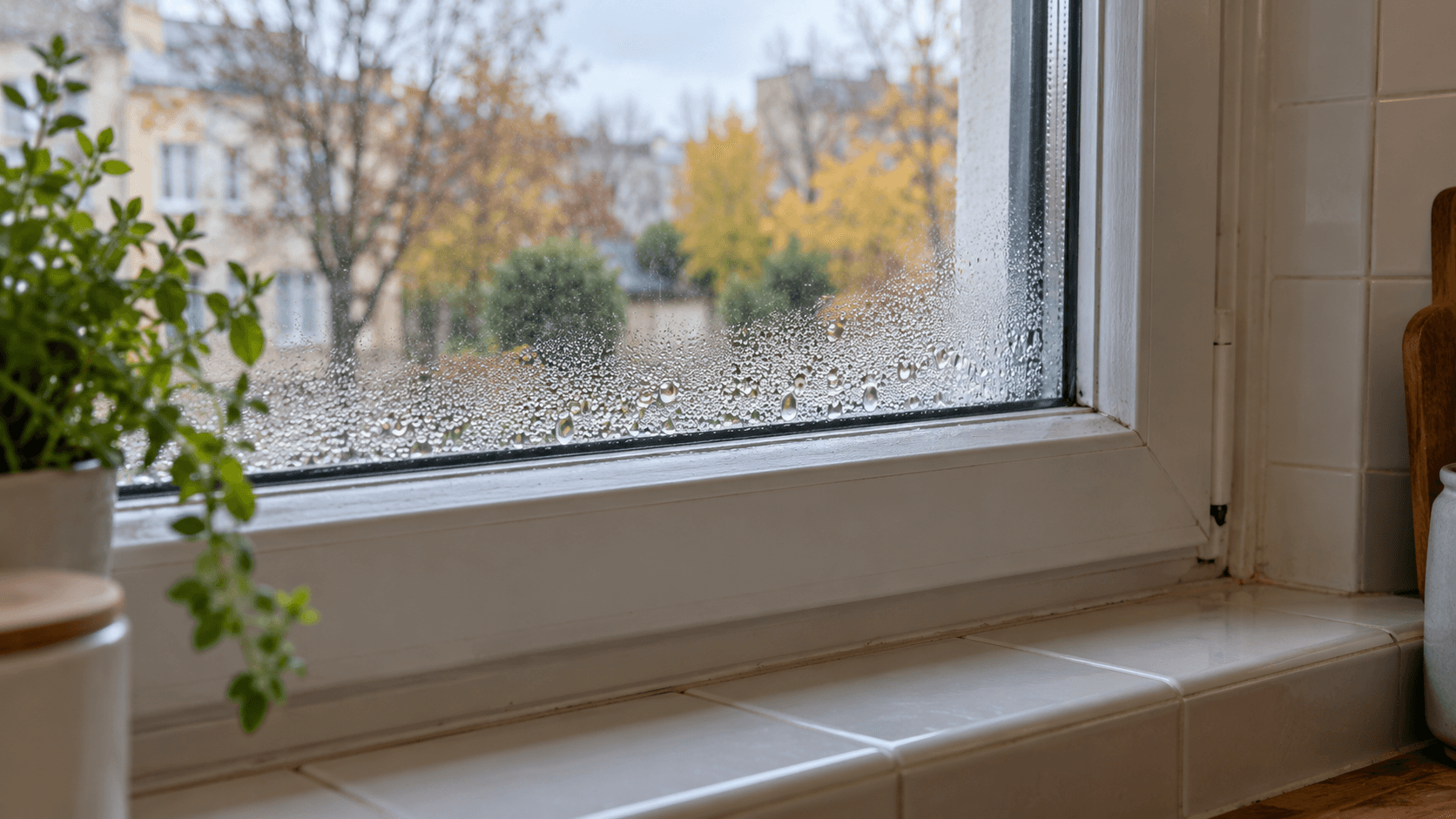 Des gouttelettes de condensation sont visibles sur la face intérieure d’une vitre de cuisine.