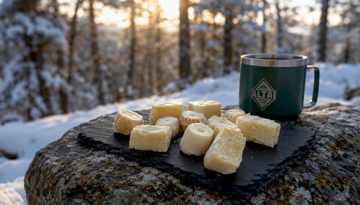 Dried salty curd pieces on a wooden platter outdoors