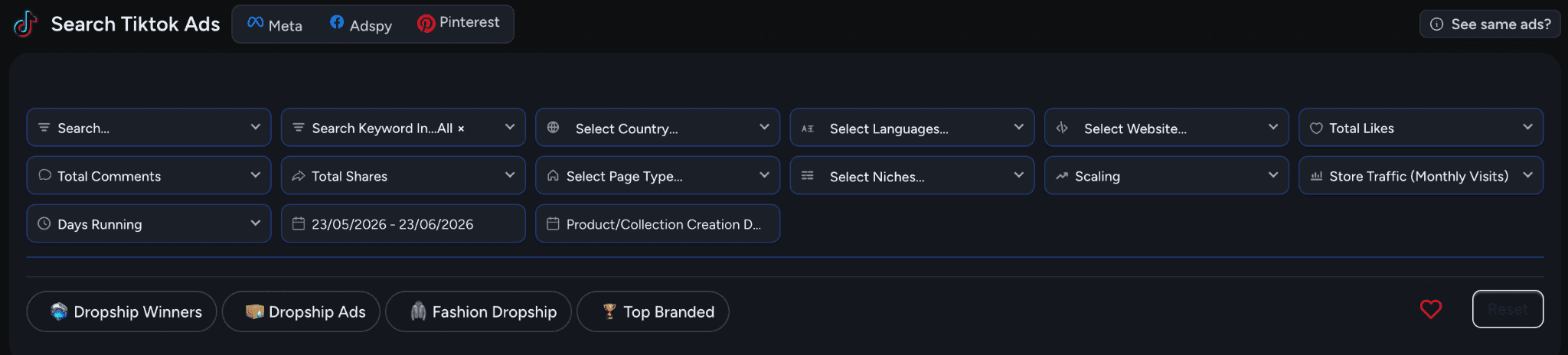 TikTok Ads search tool with filters for niches, scaling, and store traffic