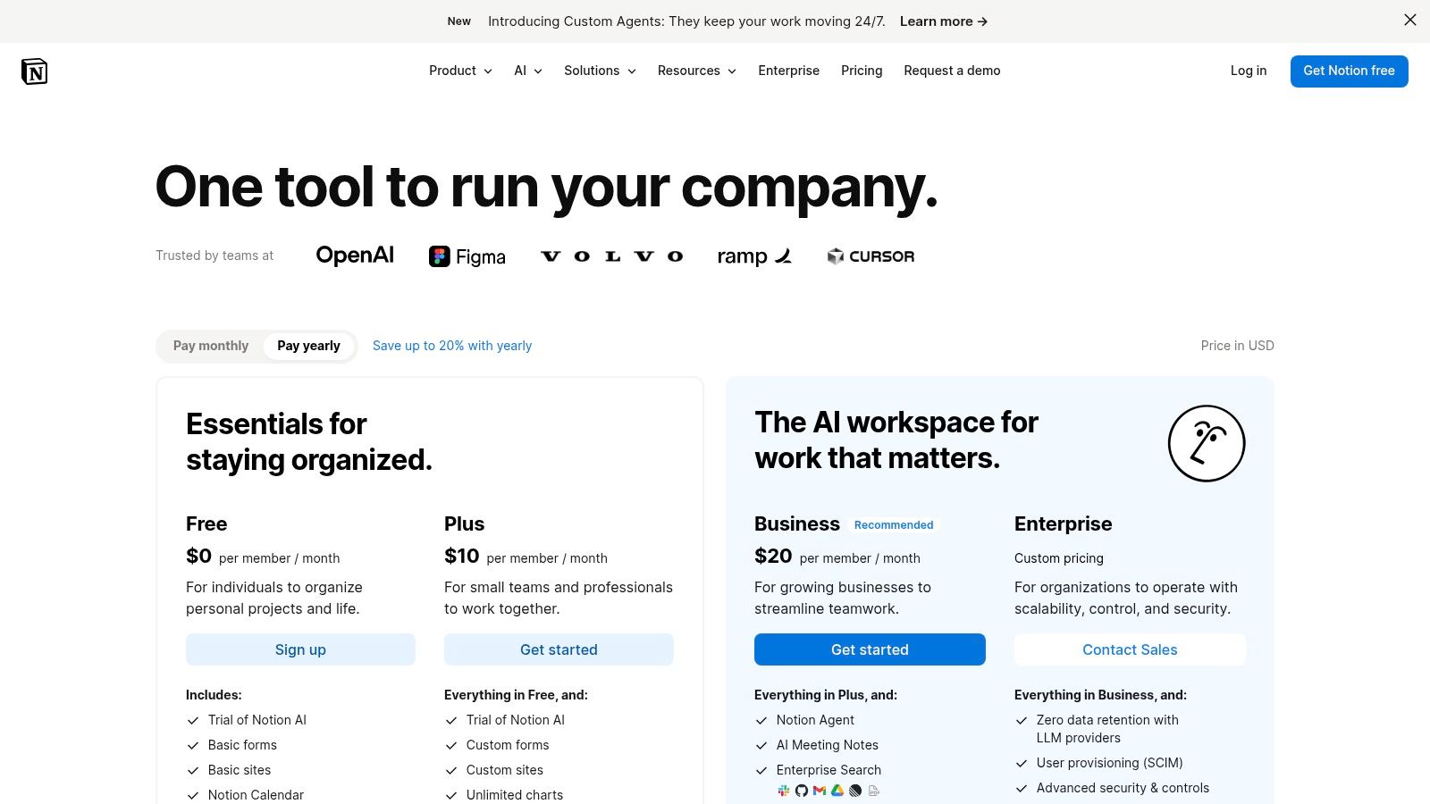 Notion pricing tiers showing Free, Plus, Business, and Enterprise plans
