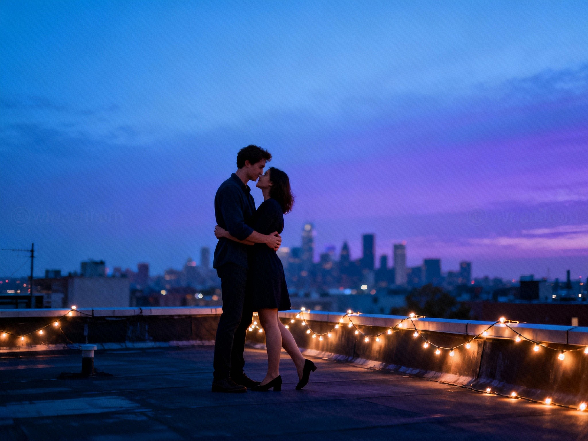 A vibrant urban rooftop engagement scene in a format during twilight, featuring a couple embracing
