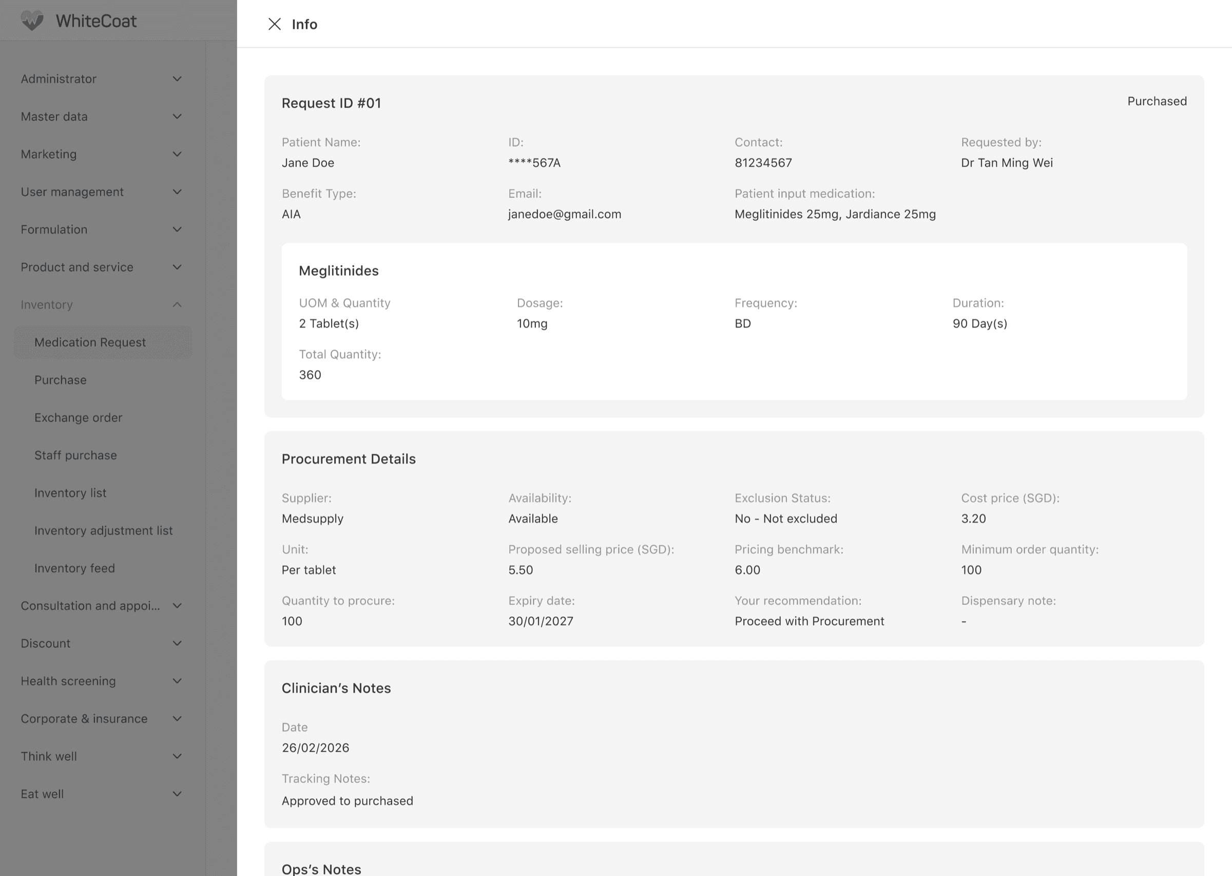 CMS medication request case with patient-declared meds and requested item
