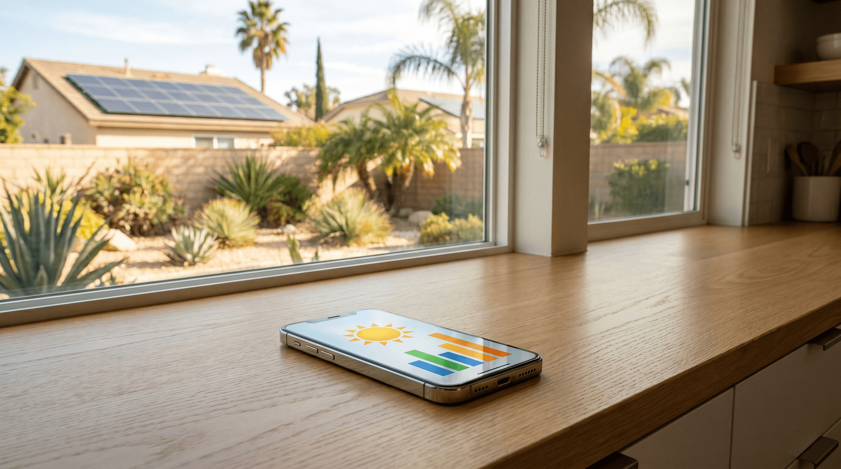 Smartphone on a kitchen counter showing a solar production dashboard, rooftop panels through the window