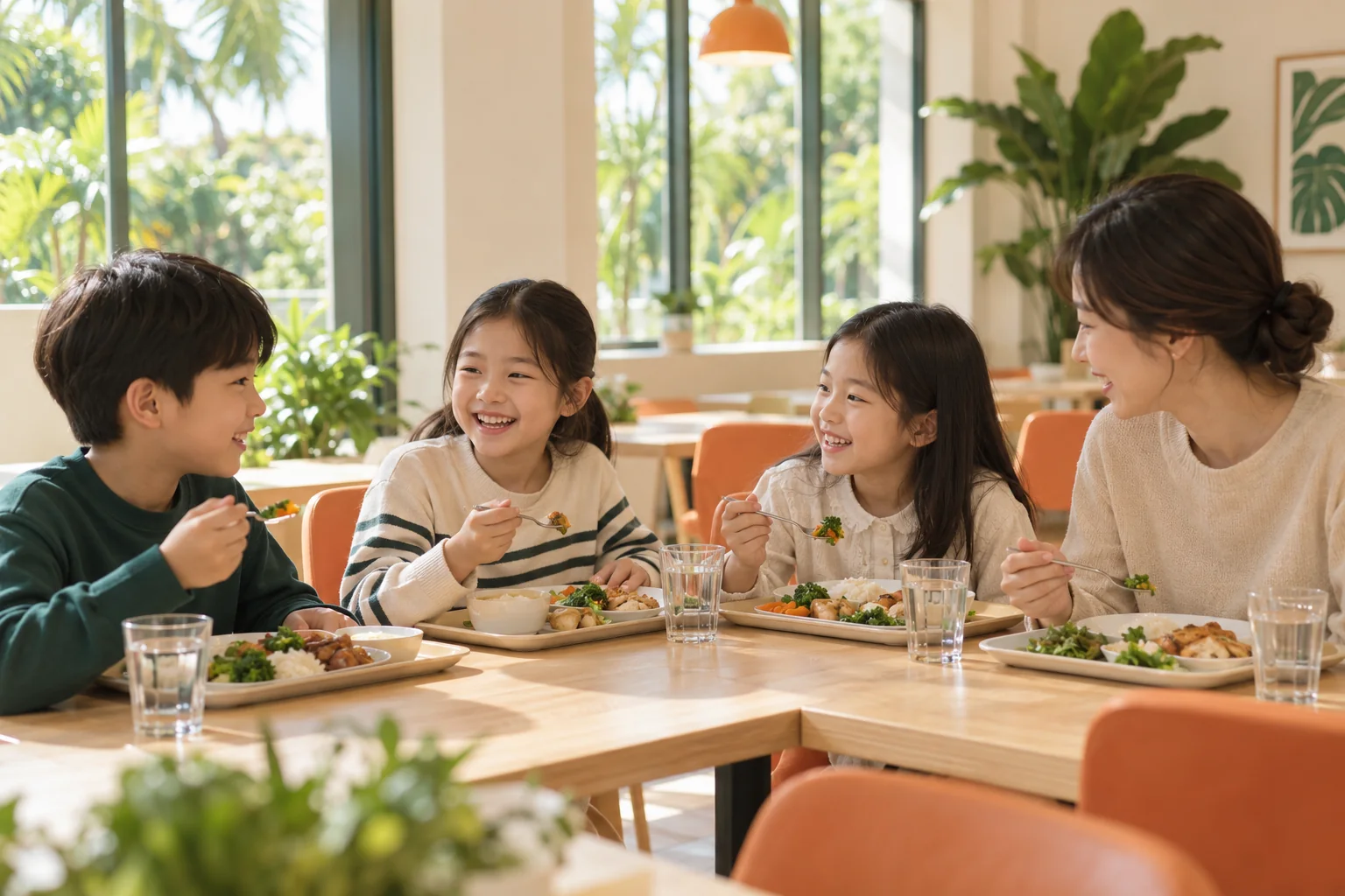 Korean children and a mother talking over a meal in a bright academy dining room