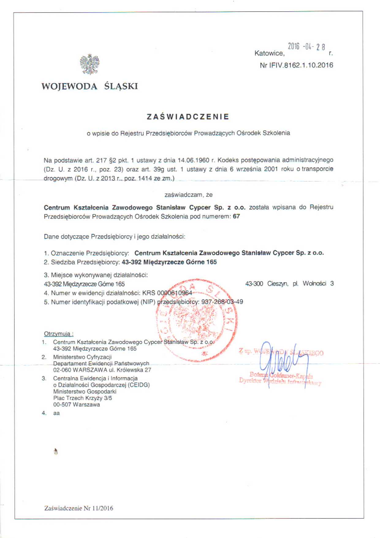 Certyfikat dla CKZ Cypcer potwierdzający wysoką jakość kursów z zakresu obsługi kotłów.