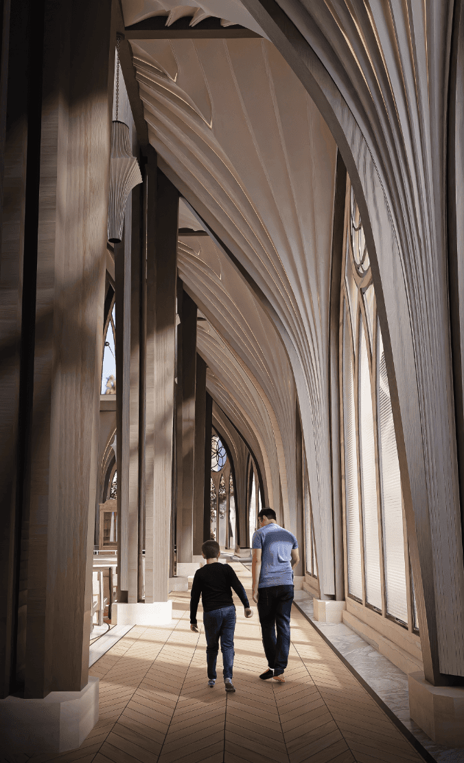 Interior render, walking through the side aisles towards the ambulatory.
