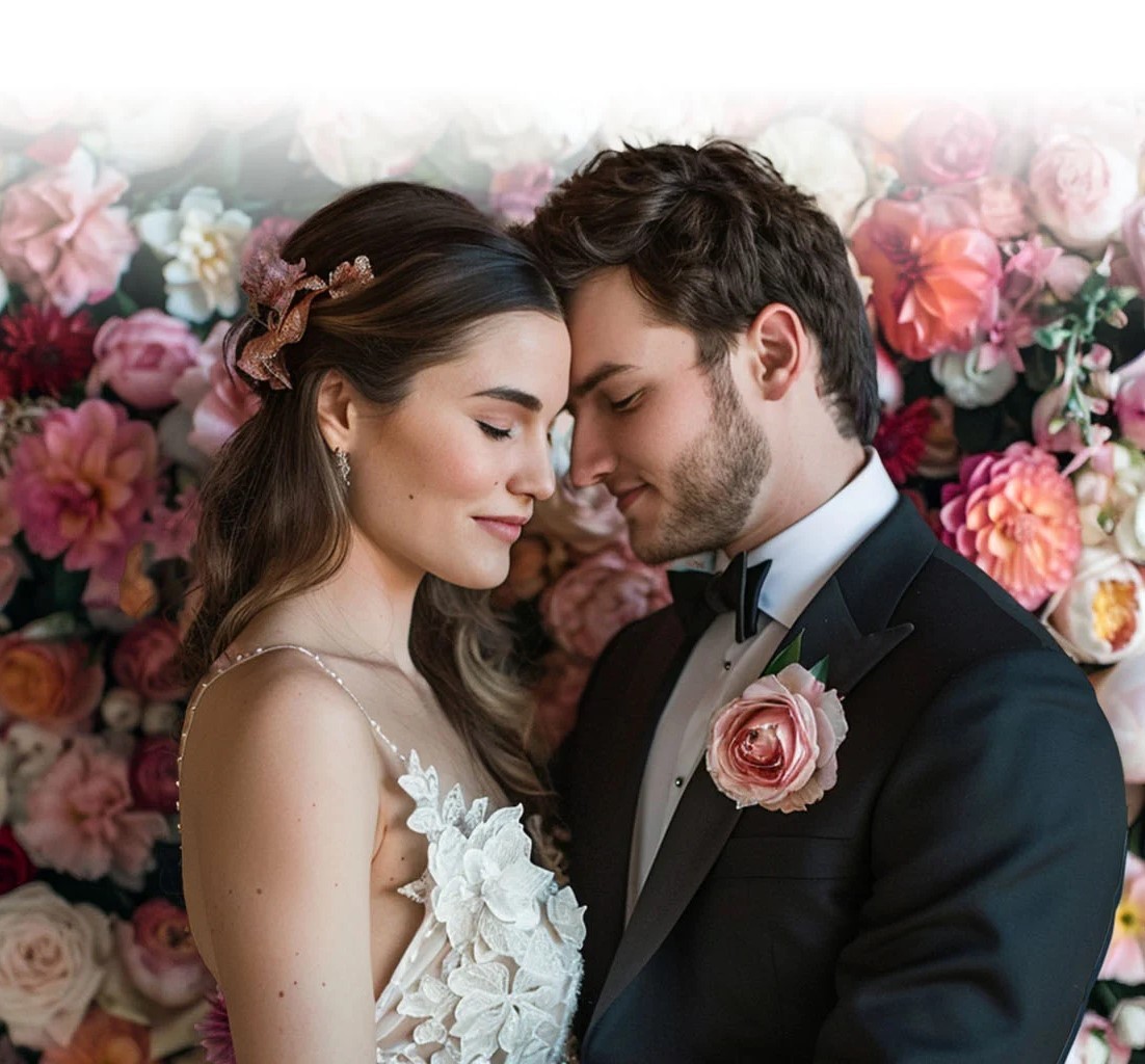 A bride and groom share a kiss surrounded by a joyful bridal party.