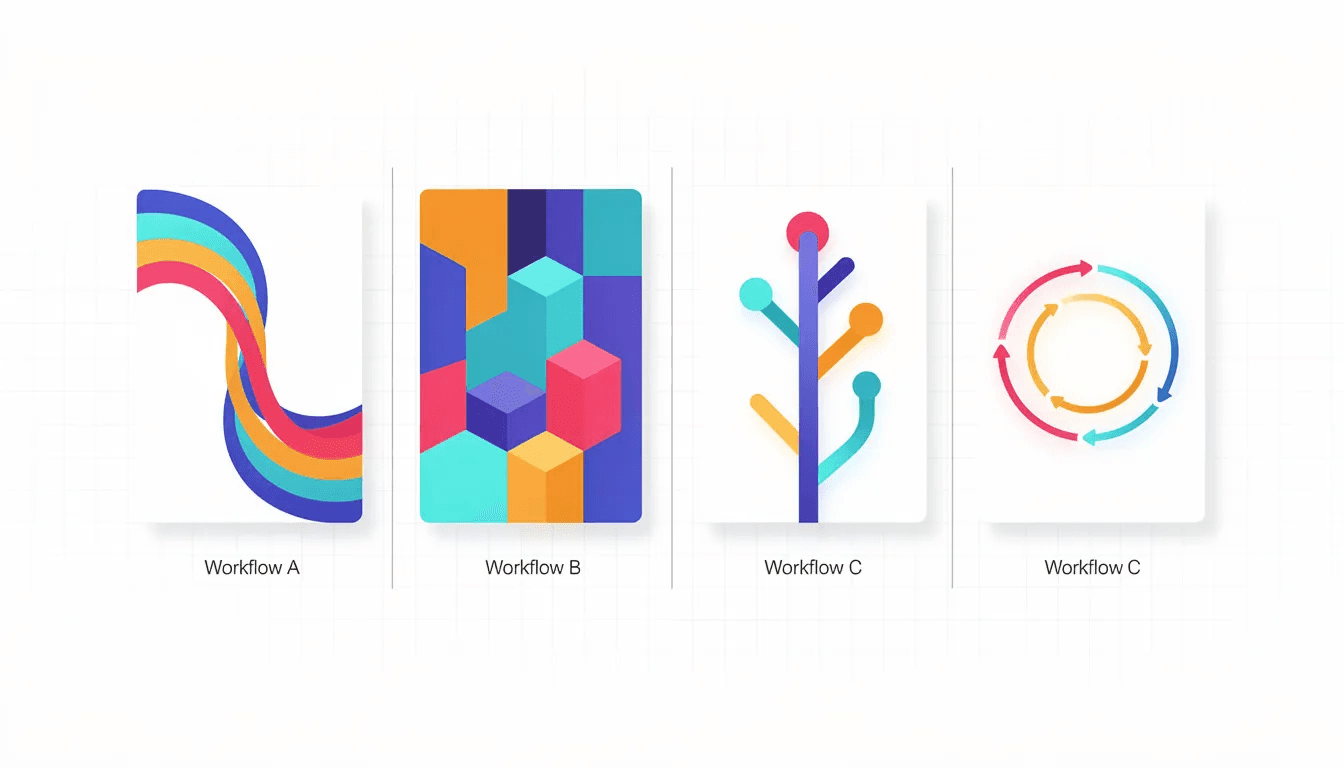 The image features a side-by-side comparison of various workflow approaches in game development, illustrated with colorful abstract representations that highlight different stages of the game creation process. Each representation visually conveys the unique aspects of the development pipeline, emphasizing creativity and productivity in creating interactive experiences.