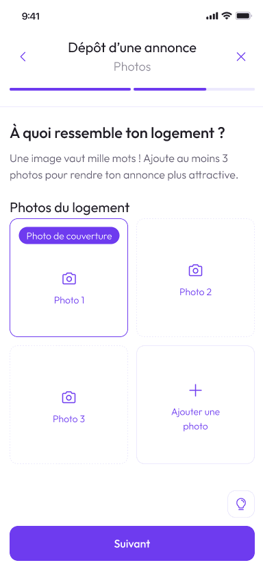 Une interface d'upload de photo, au sein de l'application mobile Studyhome.