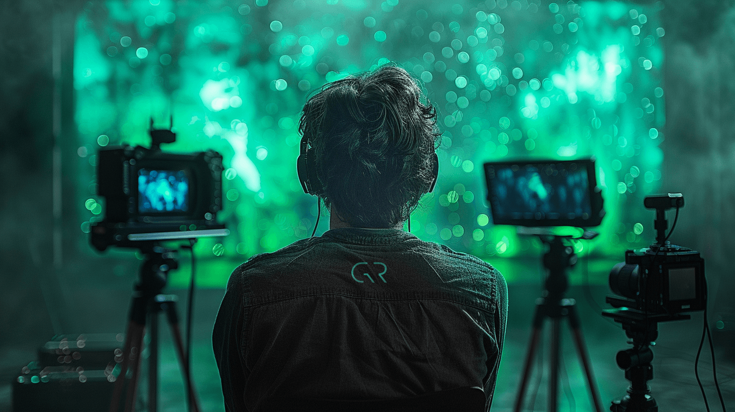 Person monitoring video equipment with 'GR' logo, backlit by vibrant green lights.