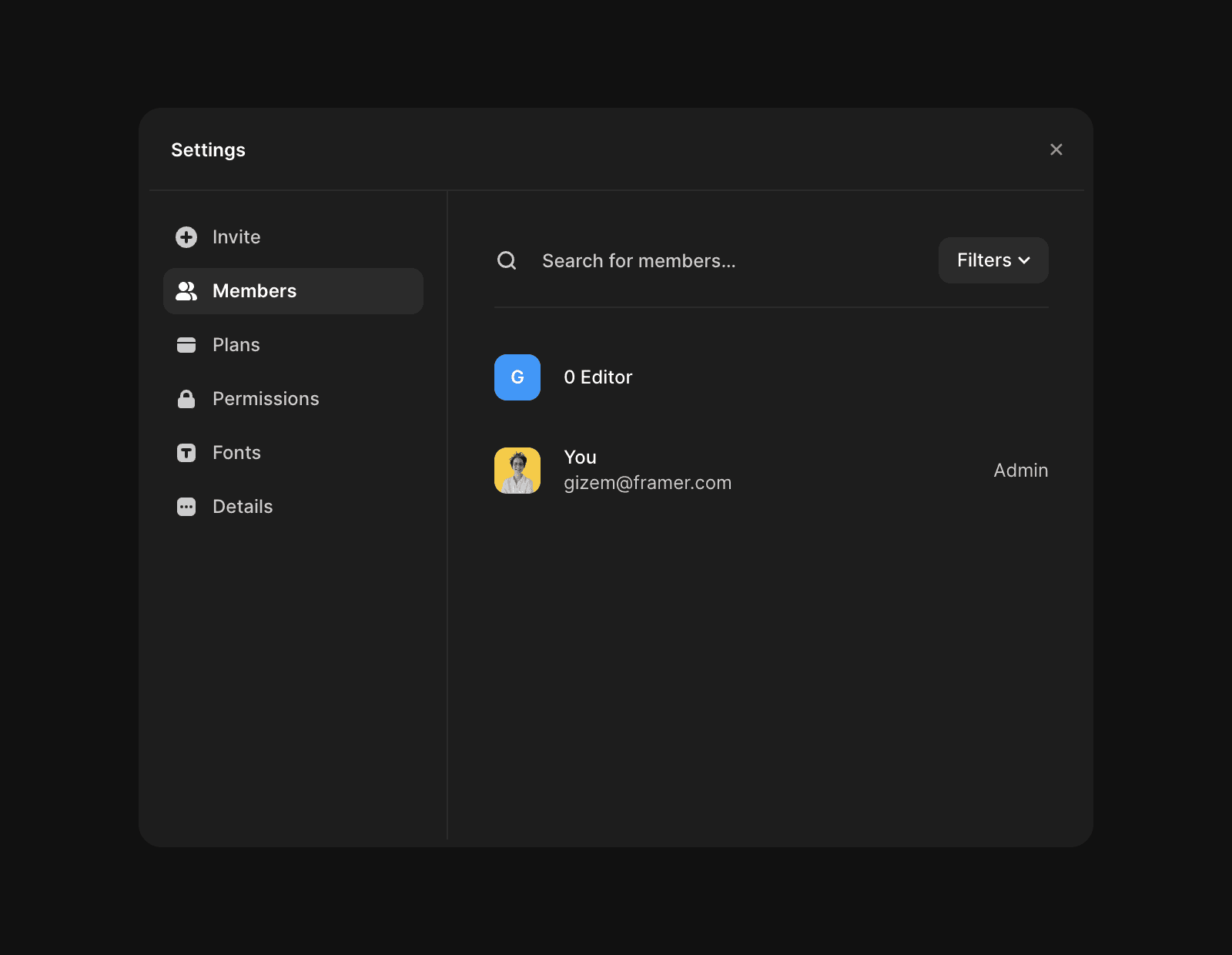 Framer Workspace settings displaying its members and their respective roles.