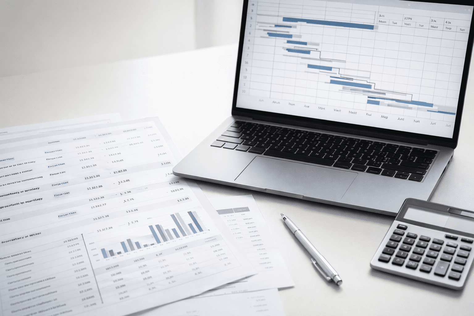 Laptop mit Bauzeitenplan (Gantt-Diagramm), Kostenübersicht und Taschenrechner – Termin- und Kostenkontrolle im Bauprojekt