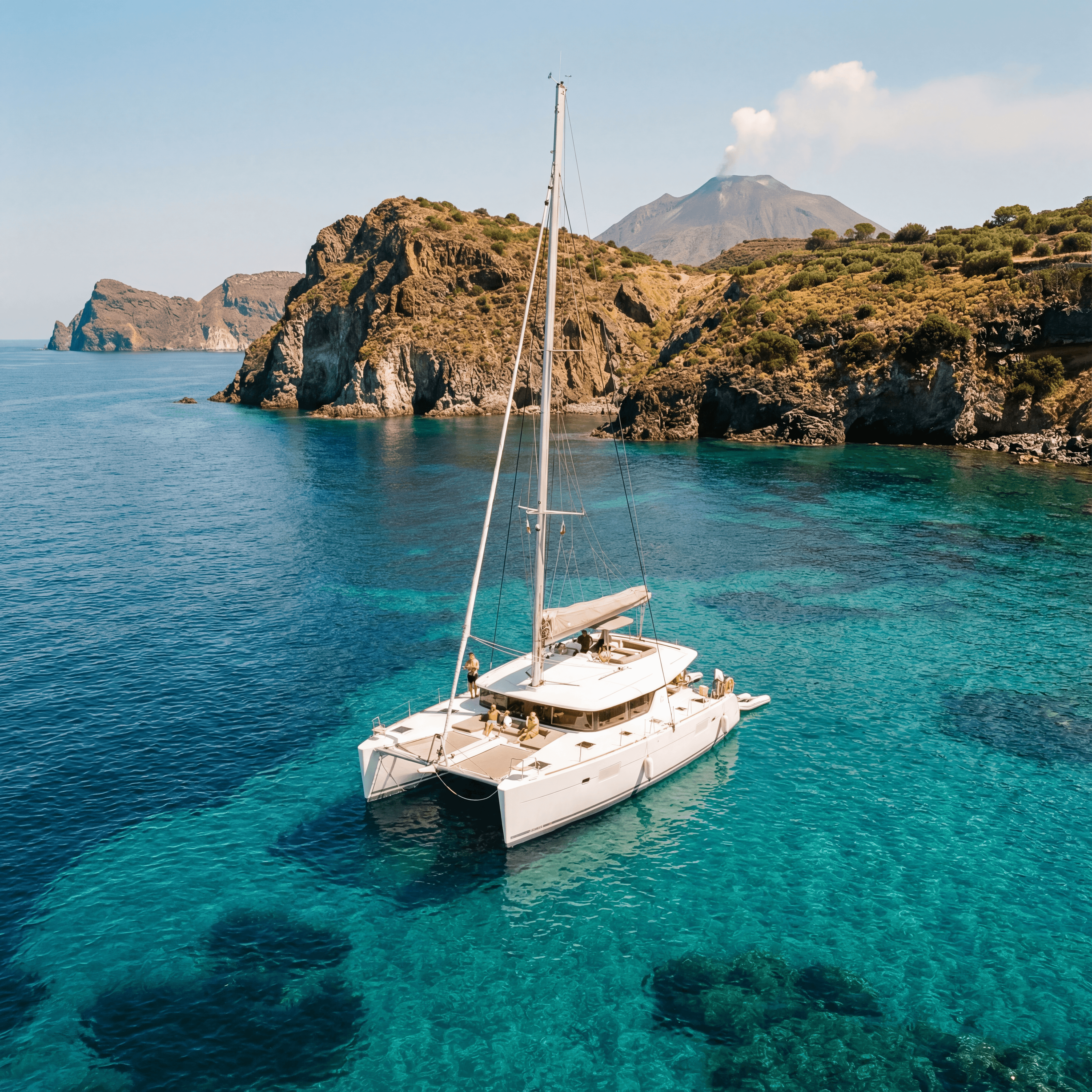 Crique turquoise bordée de falaises en Sicile, avec bateau au mouillage — lieu paisible et inspirant pour se ressourcer
