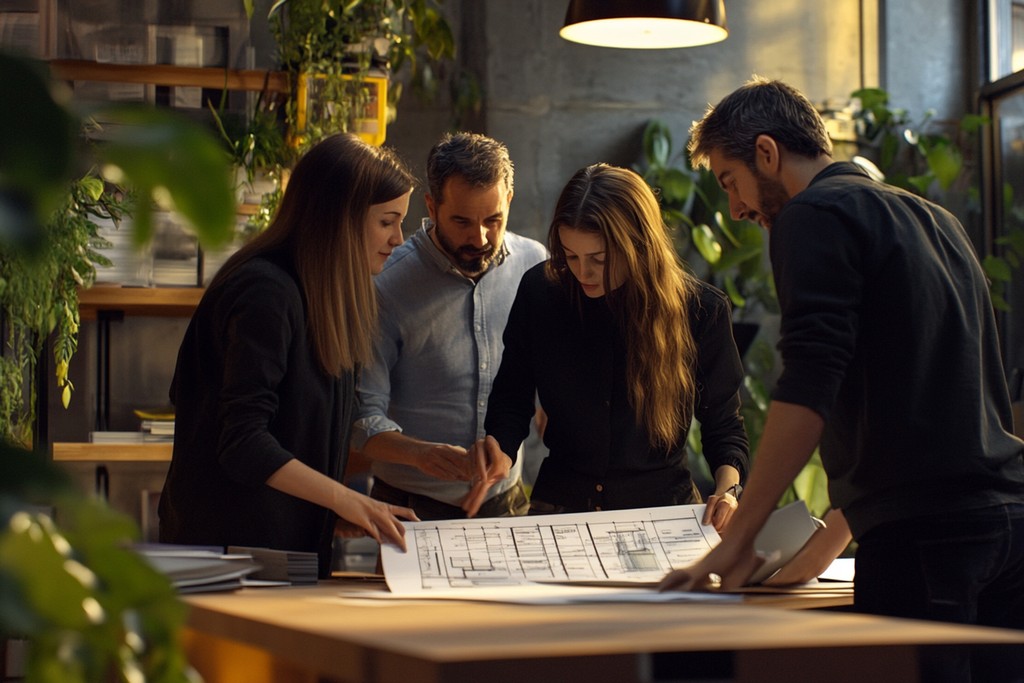 Architects collaborating on a project in a modern office