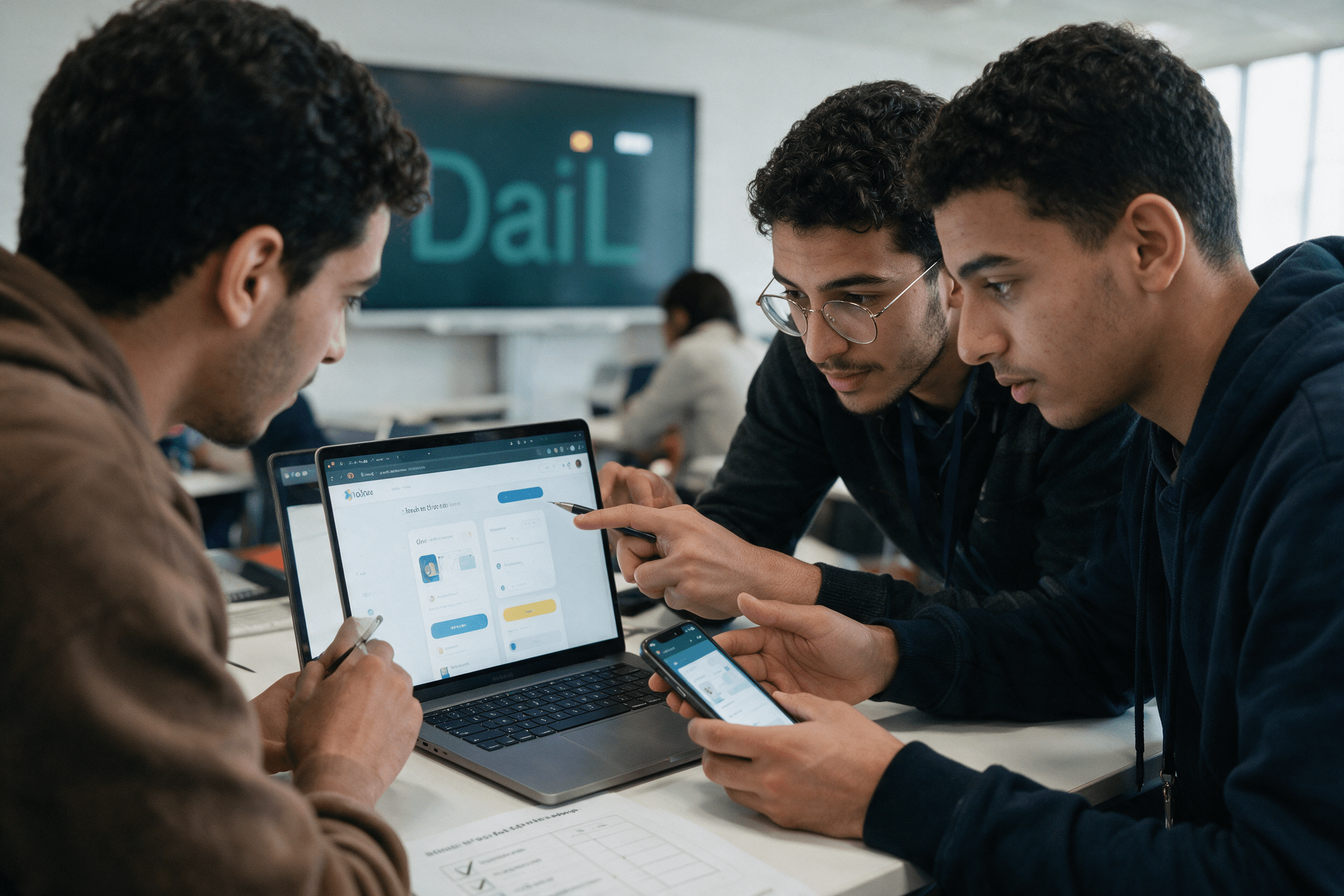Day 3, Eagle: a team polishes the final app interface on laptop and phone at UIC Casablanca