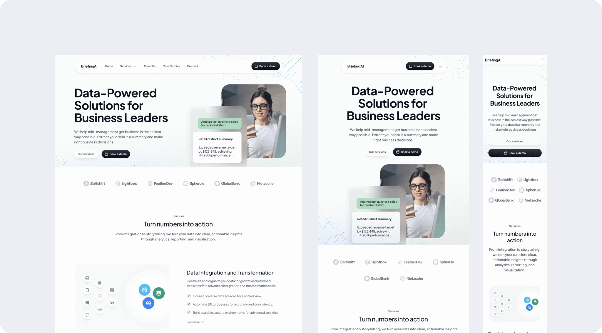 Three responsive website layouts for a business AI service, shown in desktop, tablet, and mobile views.
