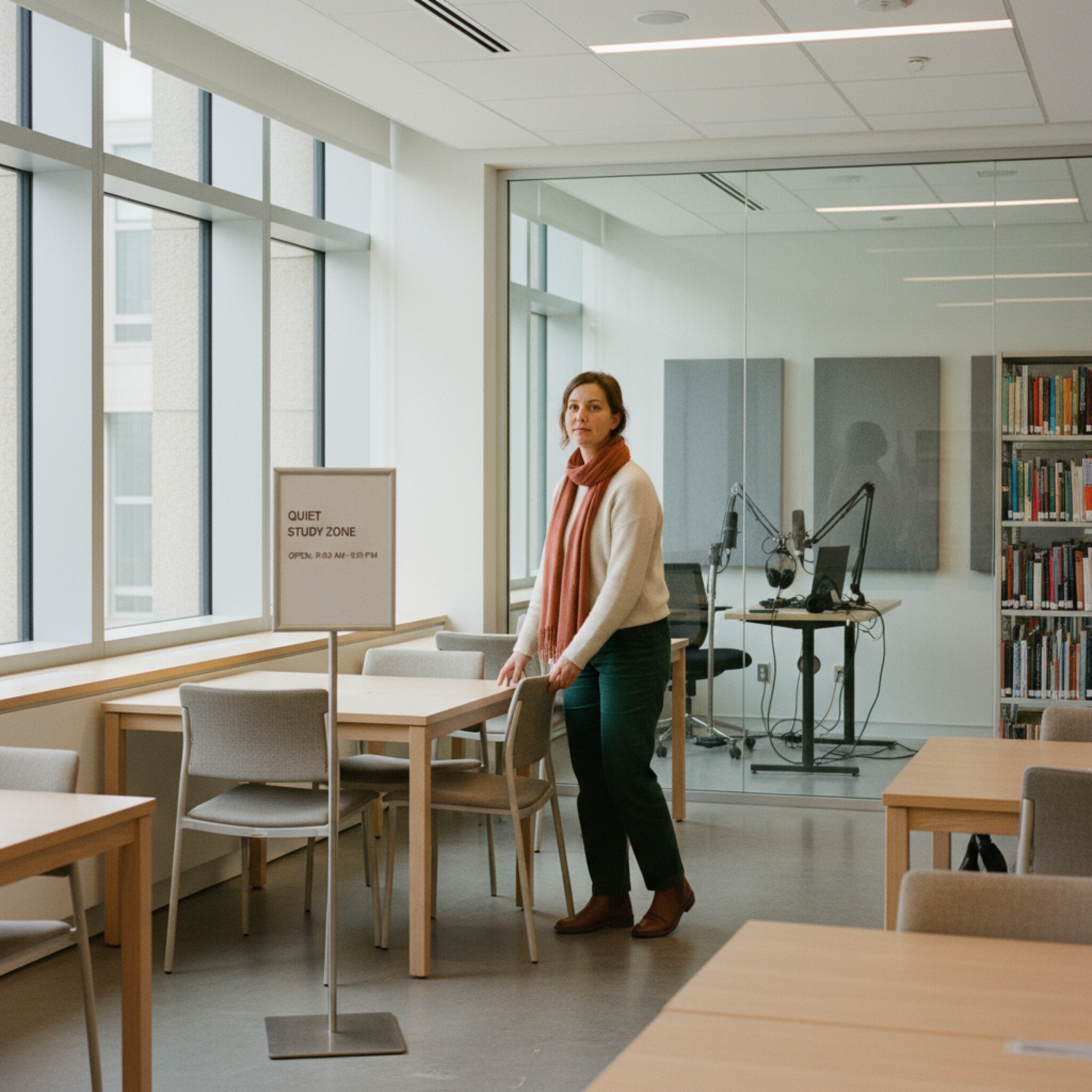 In einem stillen Lernbereich richtet eine Mitarbeiterin Stühle und Tische in klaren Zonen aus. Ein Schild nennt Raumname und Zeiten. Nebenan wird ein kleines Studio mit Mikrofonen vorbereitet. Die Bereiche wirken geordnet und flexibel nutzbar. Alles vermittelt Struktur und Ruhe.