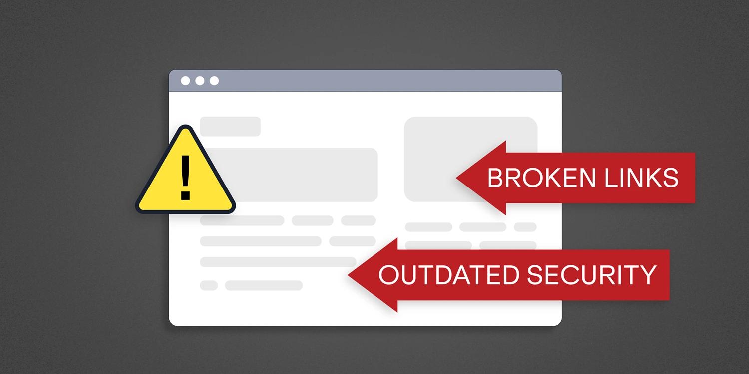 A digital webpage open with page errors including broken links and outdated security