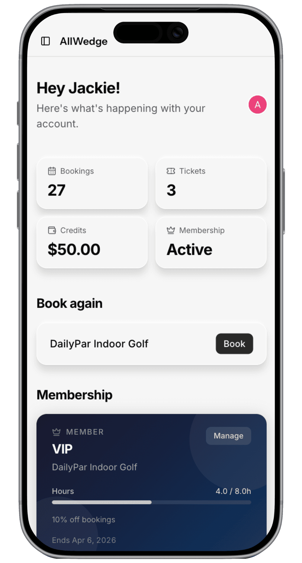 AllWedge customer portal showing membership status and booking management on mobile