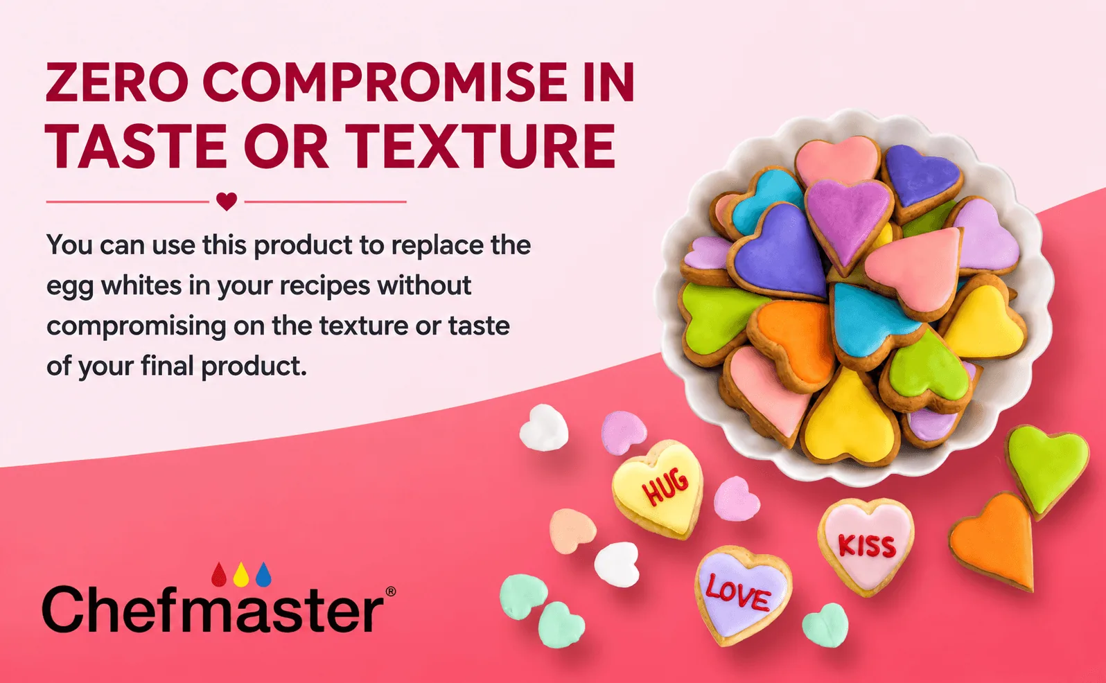 Chefmaster “Zero Compromise in Taste or Texture” banner featuring a bowl of pastel heart-shaped iced cookies.