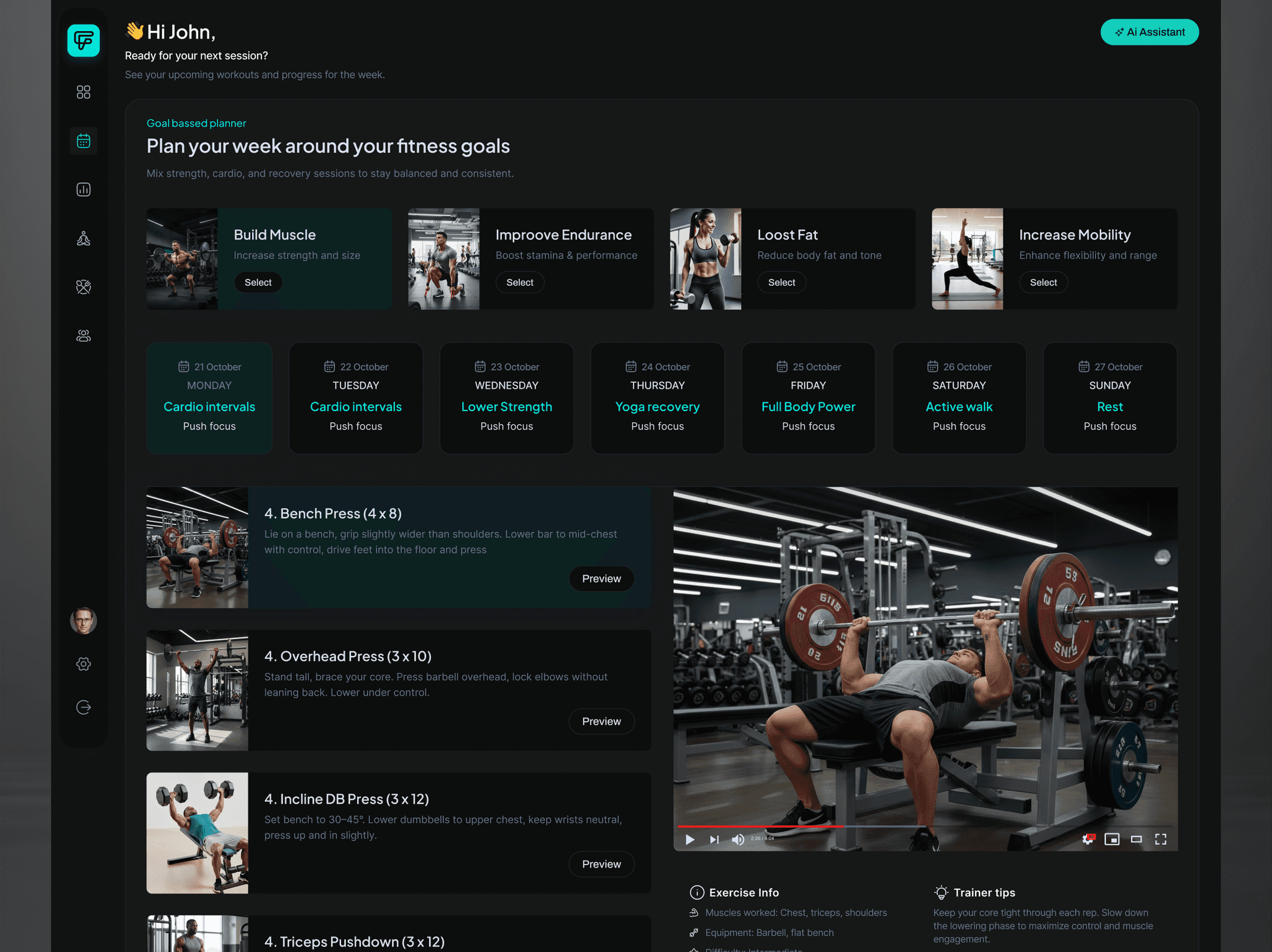 Dark mode view of the Forma workout planner showing weekly fitness goals, daily training schedule, and exercise previews with images and video tutorials, including a bench press demonstration.