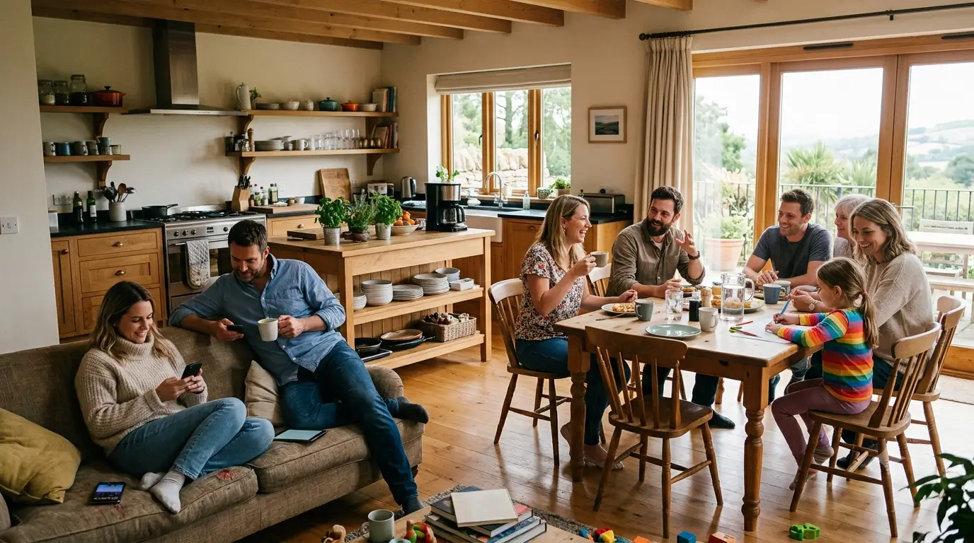 A large group of guests relaxing together in the open living area of a spacious vacation rental.