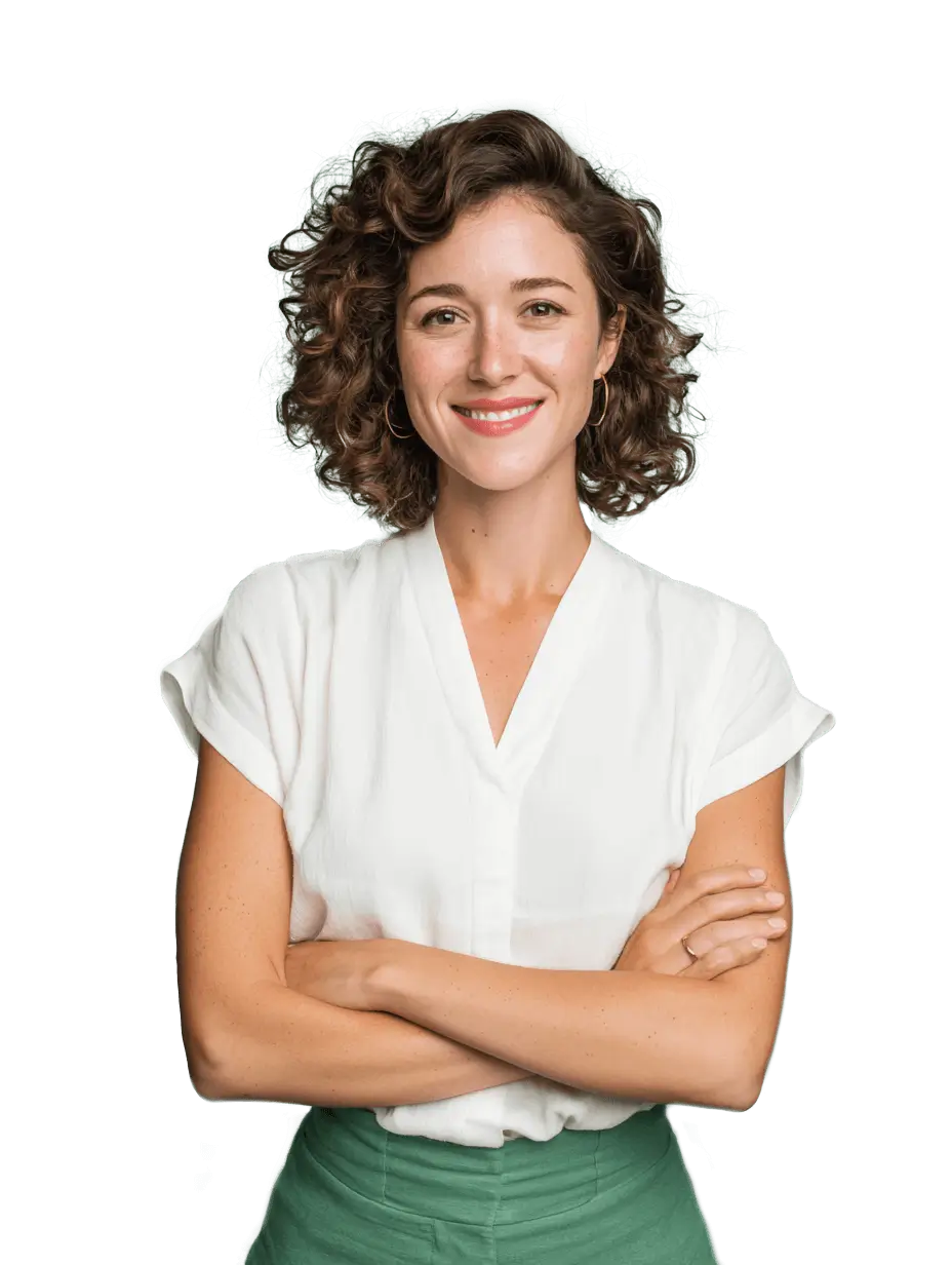 Portrait d'une jeune femme souriante en chemise blanche, croisant les bras, dirigeante d'une TPE.