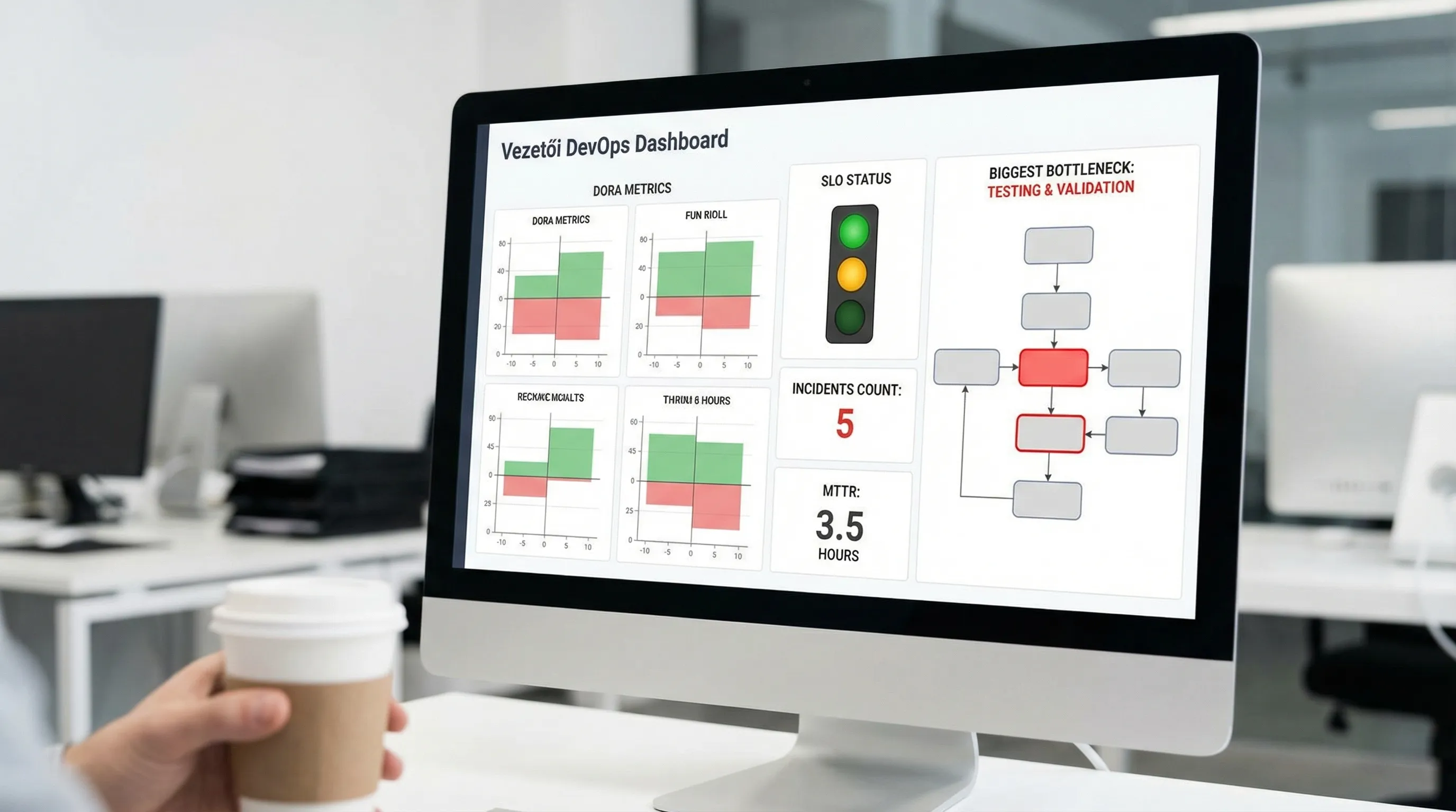 Vezetői DevOps dashboard koncepció: DORA metrikák, SLO státusz, incidensek száma és MTTR, valamint a legnagyobb bottlenecket jelző folyamatlépés egyetlen képernyőn.