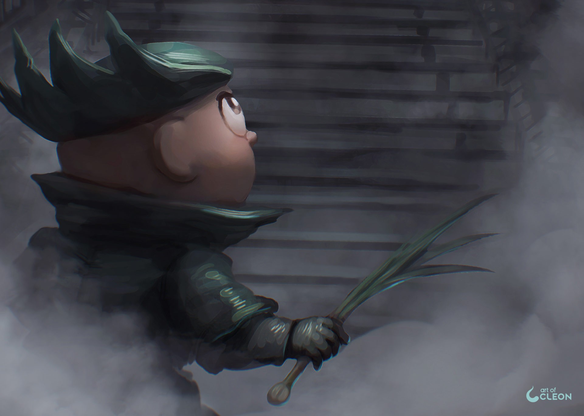 Close-up of Jimmy Five reimagined as a Bloodborne hunter carrying a scallion-shaped weapon.