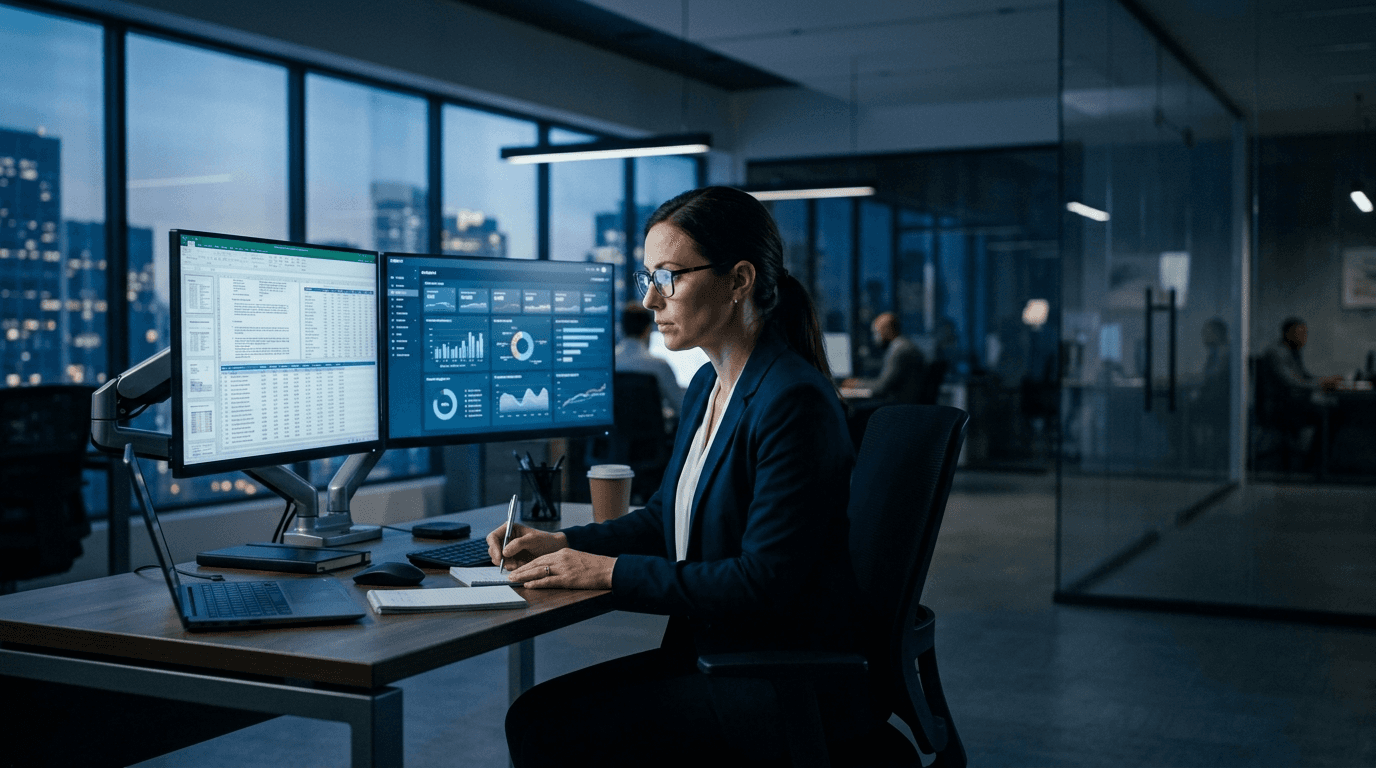 Professional reviewing analytics dashboards in a modern office