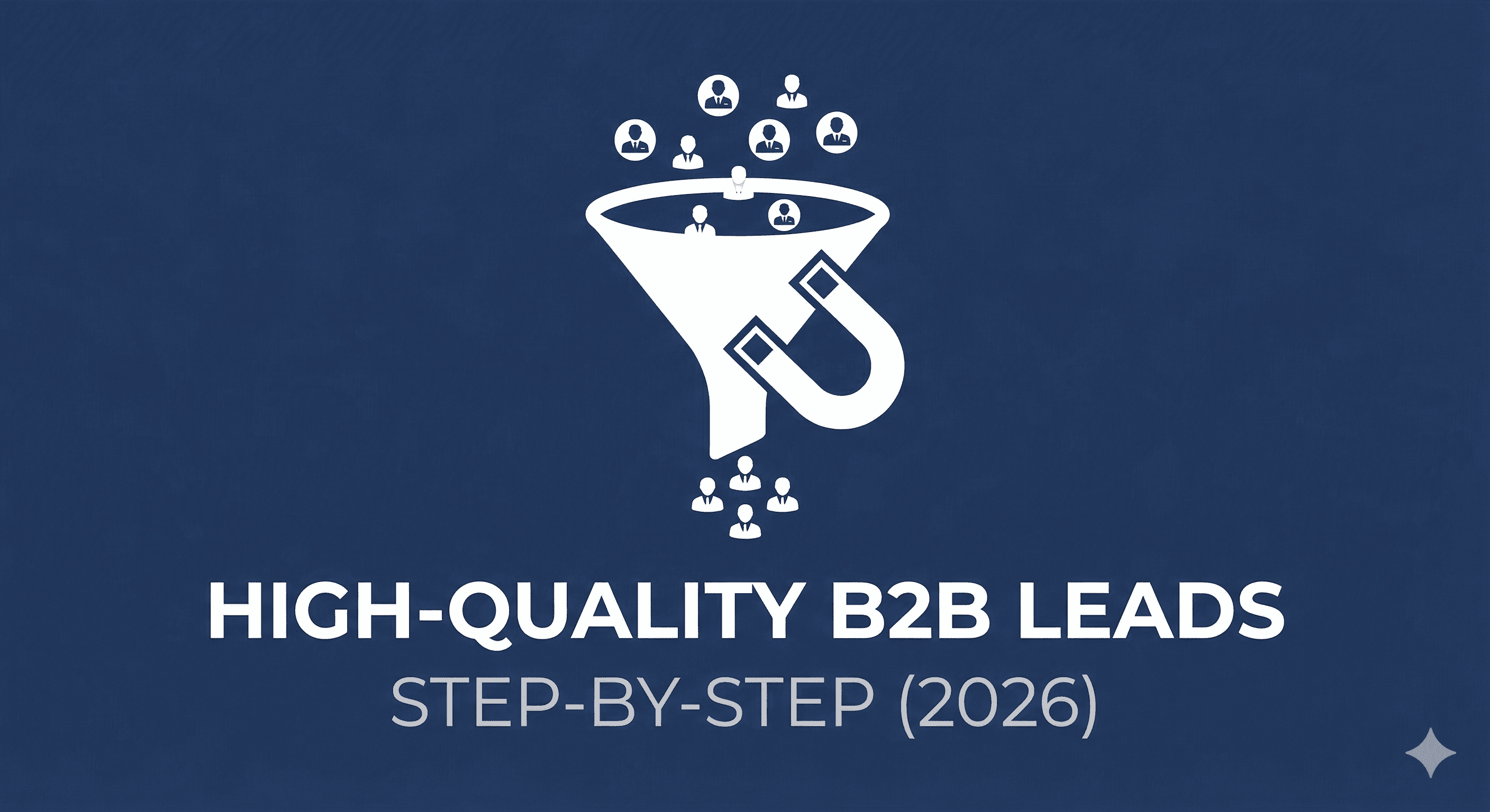 A professional blog post featured image for "High-Quality B2B Leads: Step-by-Step (2026)." The design is minimalist with a dark navy blue background. In the center, a white graphic combines a sales funnel with a magnet, showing multiple small person icons entering the top and a refined few exiting the bottom. Below the graphic, clean white and grey text reads "HIGH-QUALITY B2B LEADS" followed by "STEP-BY-STEP (2026)."