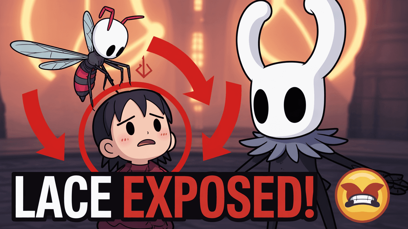 Hornet attacking Lace with arrows and Lace Exposed headline in Silksong arena