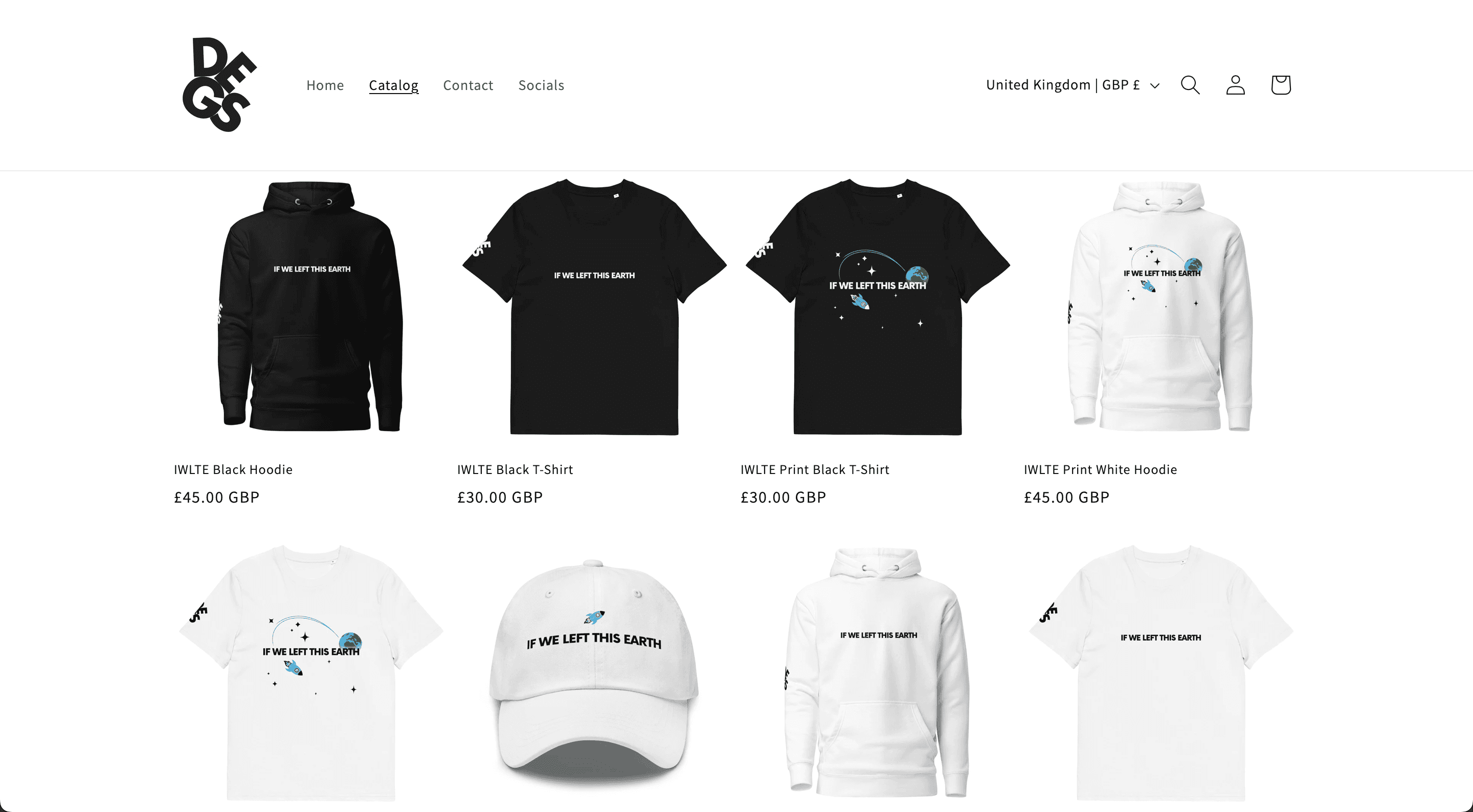 Degs merch collection — t-shirts, hoodies and caps shown in an online store layout