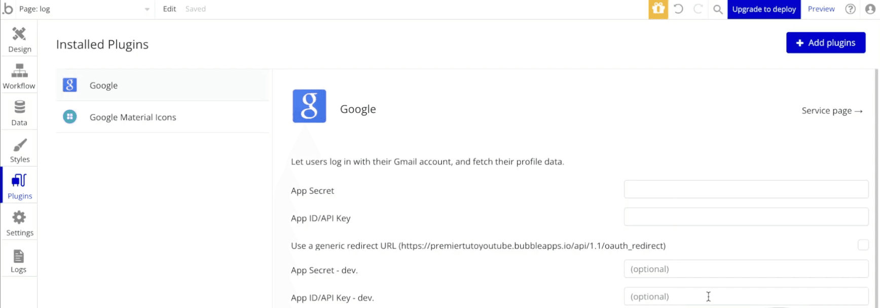 Configuration du plugin Google