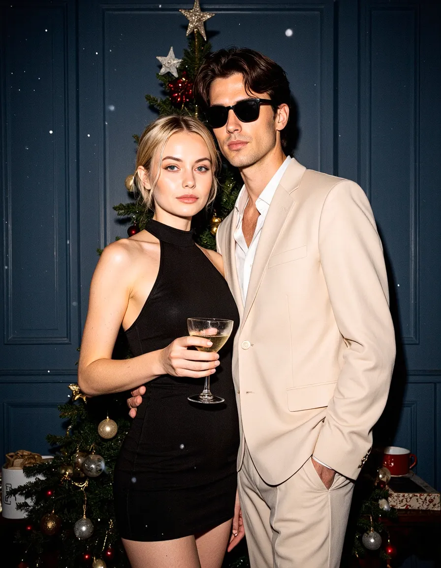 Elegant couple in formal attire posing together in front of decorated Christmas tree with blue background