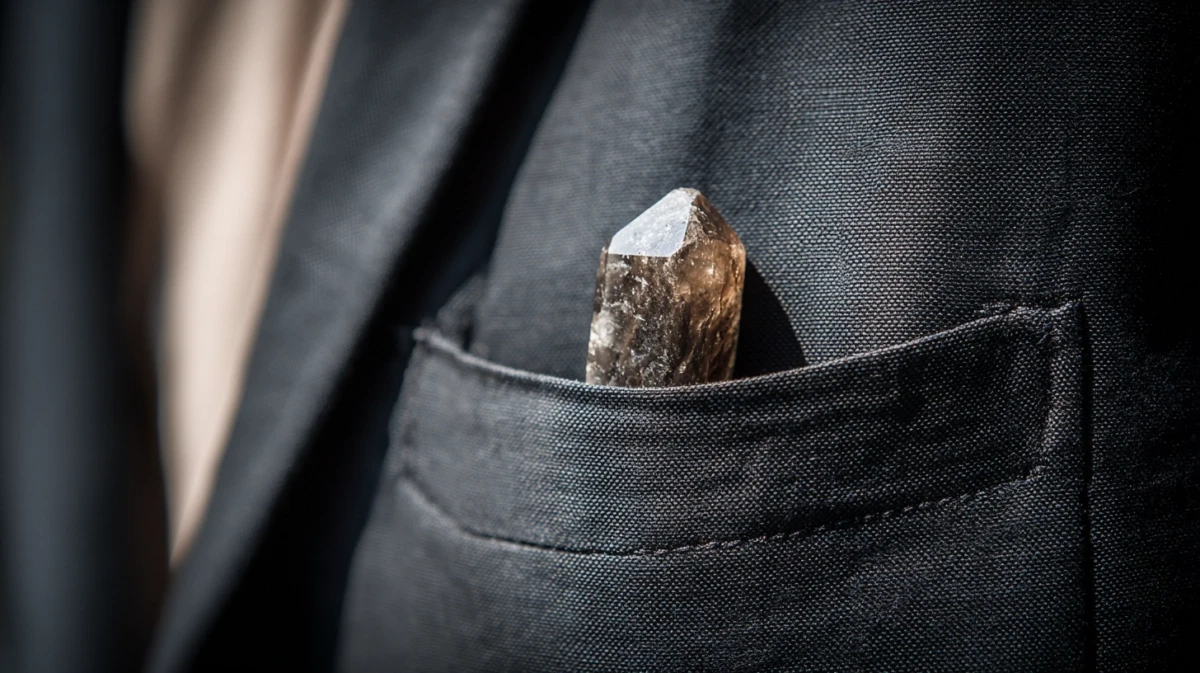 Tumbled smoky quartz stone in a pocket.