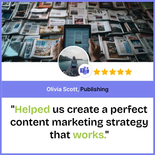 Olivia Scott publishing testimonial for content marketing strategy with 5 stars.