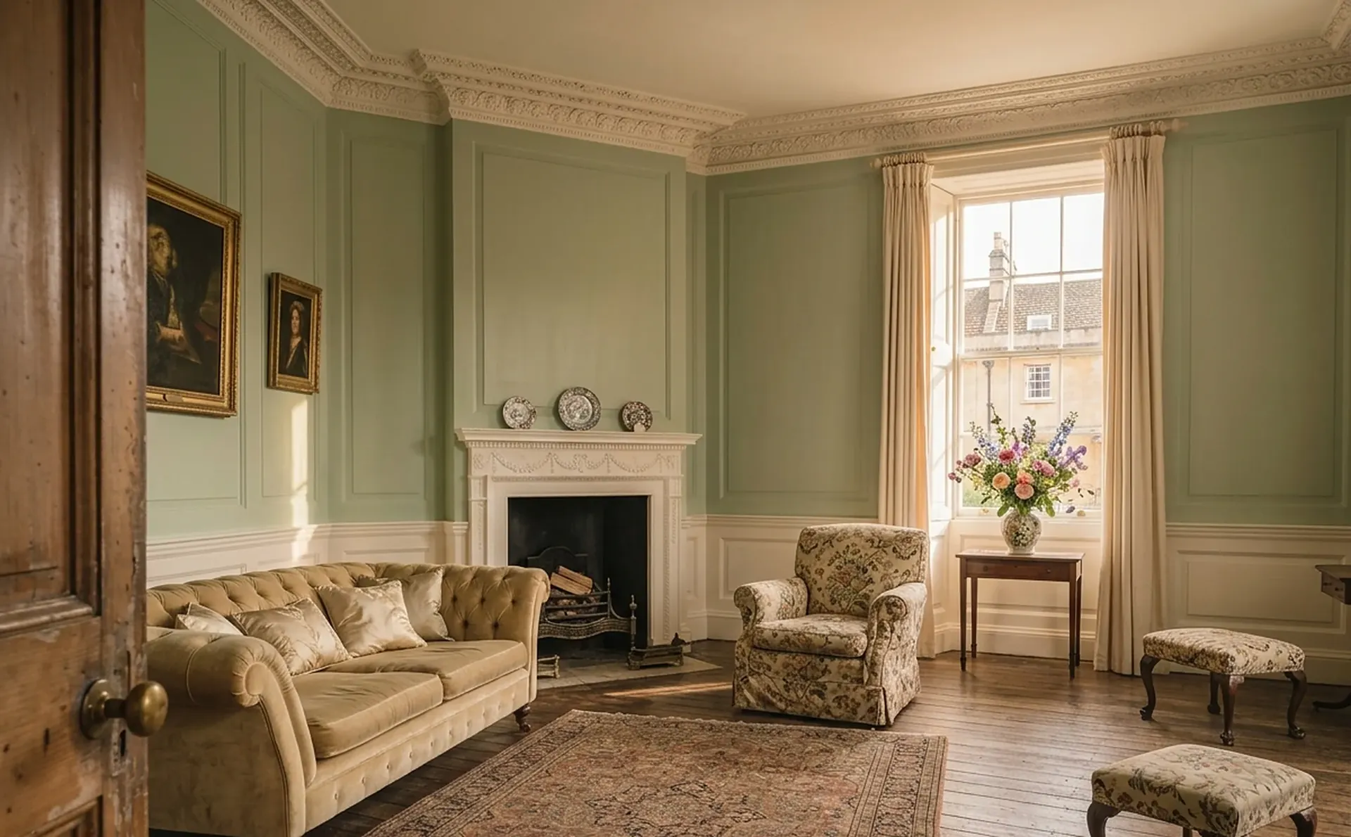 The finished sage room furnished again, with a rug, armchairs and morning light from the sash window